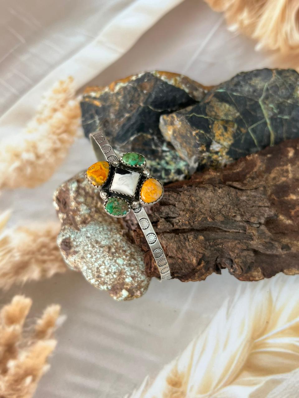 Handmade Sterling Silver Spring Collection: Bumblebee with Sonoran and White Buffalo Bracelet "Signed Nizhoni"