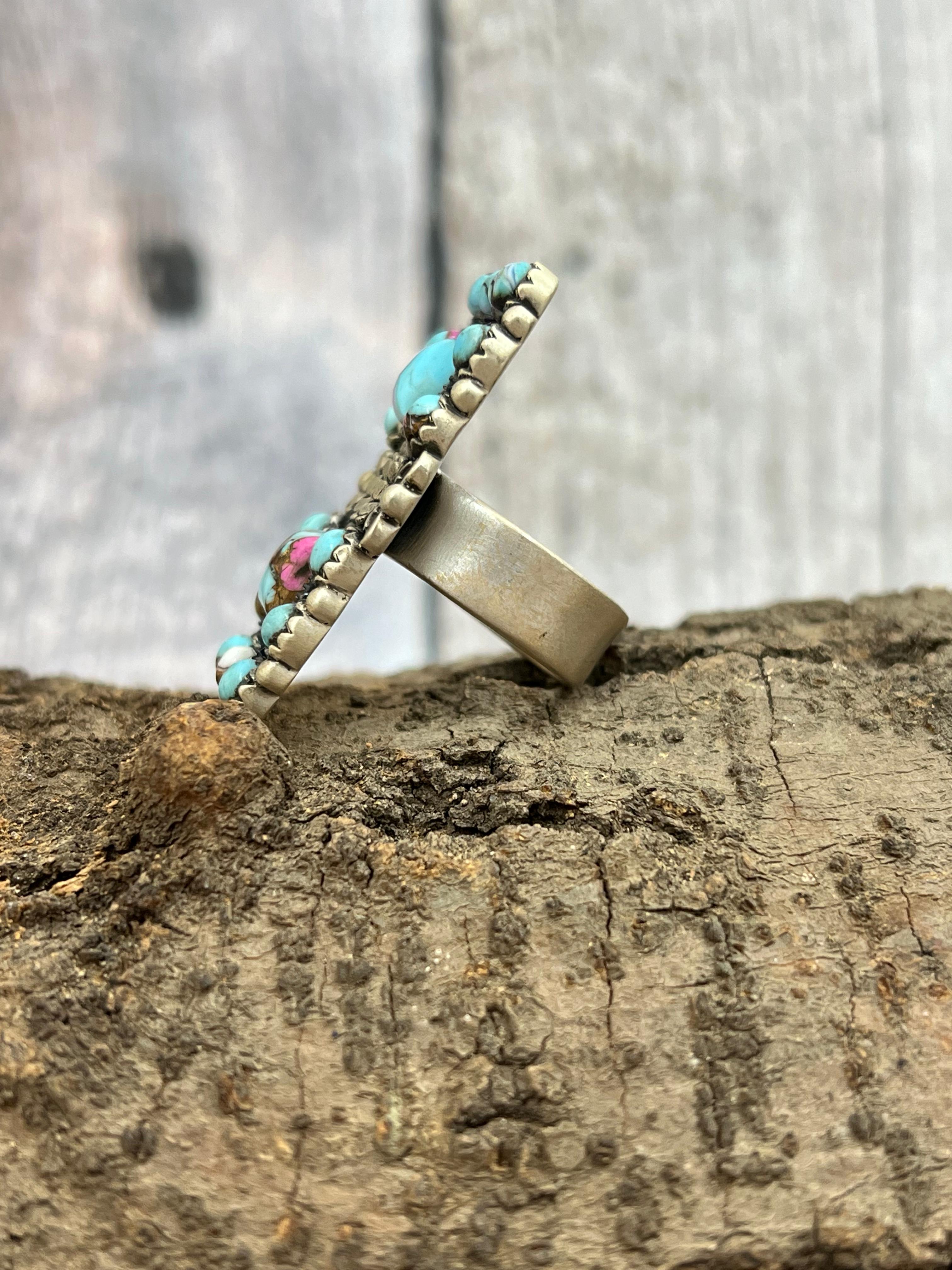 Handmade Sterling Silver Cotton Candy Turquoise Adjustable Rings with Signed Nizhoni
