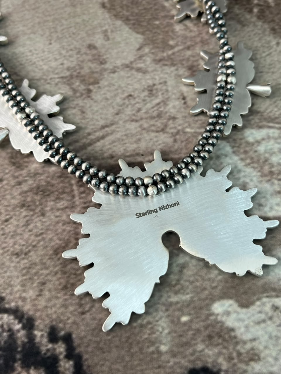 Handmade Sterling Silver Kingman Turquoise Beaded Squash Blossom Naja Necklace Signed Nizhoni