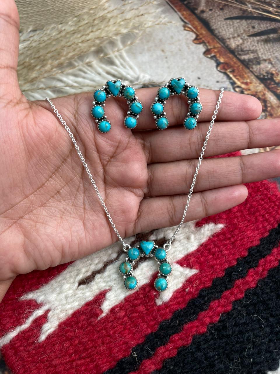 Handmade Sterling Silver Kingman Turquoise Necklace Earrings Set "Signed Nizhoni"