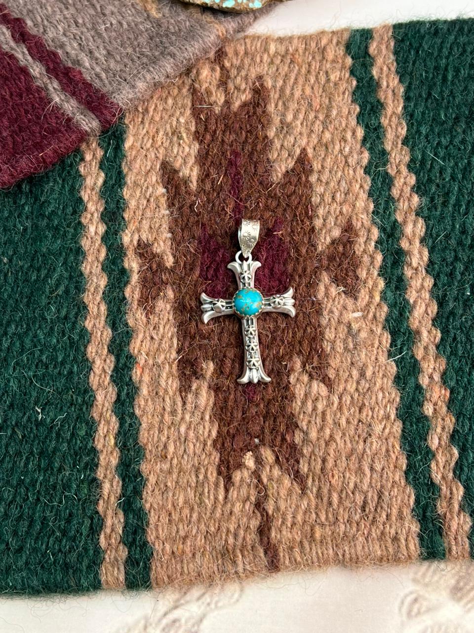 Handmade Sterling Silver Kingman Turquoise Cross Pendant "Signed Nizhoni"