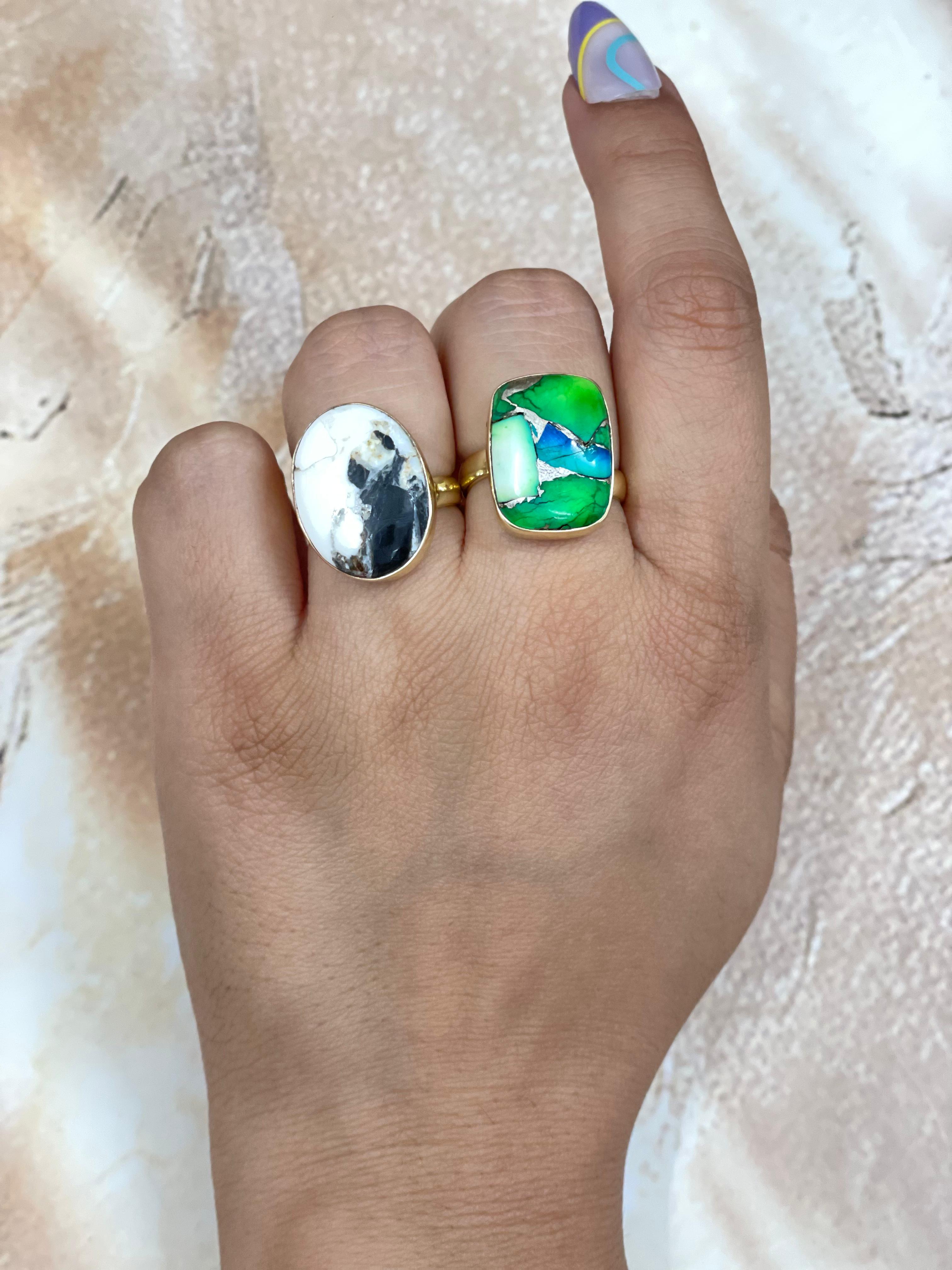 “The Golden Collection” Natural White Buffalo, Peacock Dahlia Single Stone Adjustable Ring