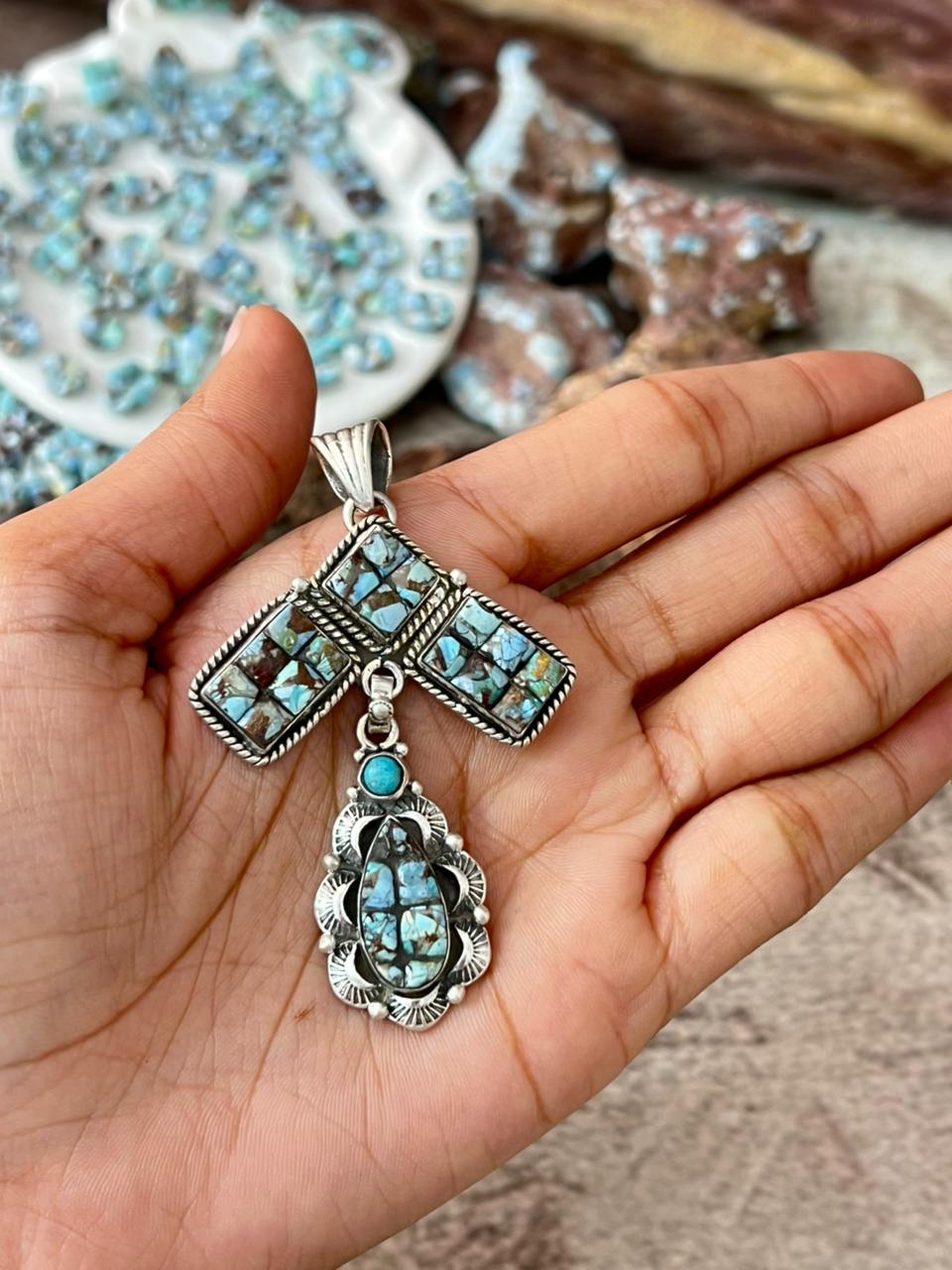 Handmade Sterling Silver Golden Hills Turquoise Cobble Collection Pendant "Signed Nizhoni"