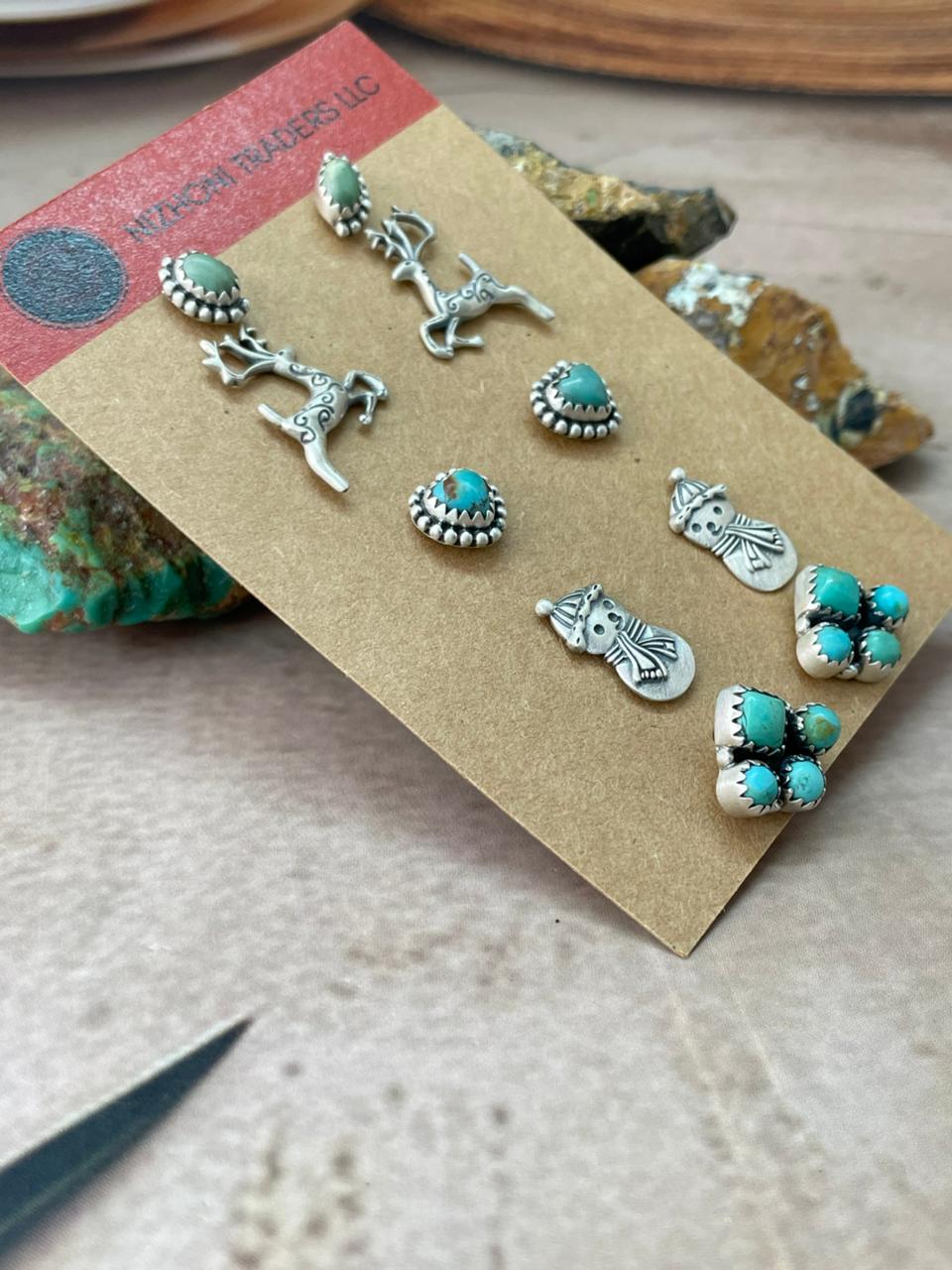 Handmade Sterling Silver Kingman Turquoise Post Studs Earrings Set