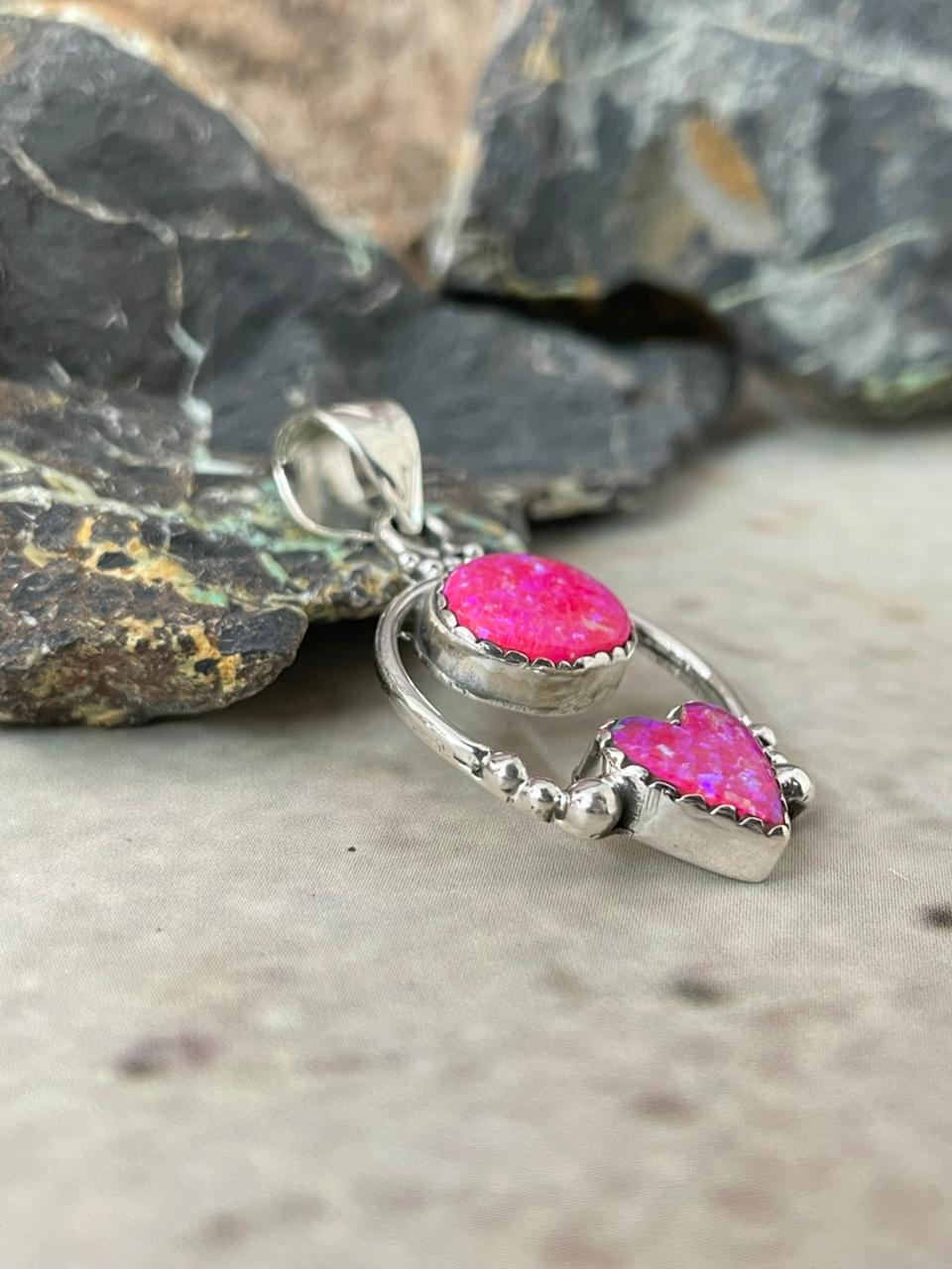 "Heart Collection" Handmade Sterling Silver Hot Pink Pendant "Signed Nizhoni"