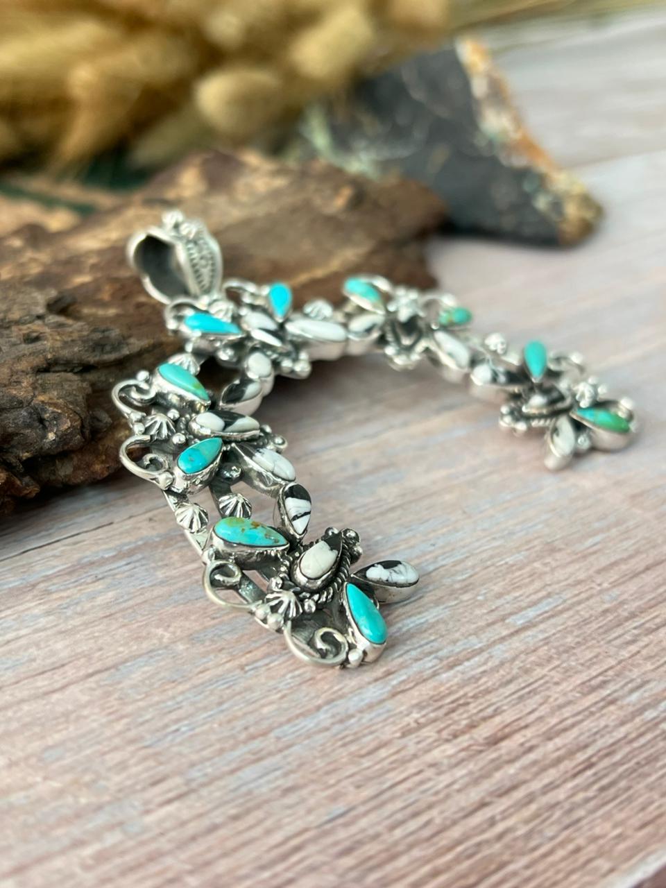 Handmade Sterling Silver Kingman Turquoise with White Buffalo Pendant "Signed Nizhoni"