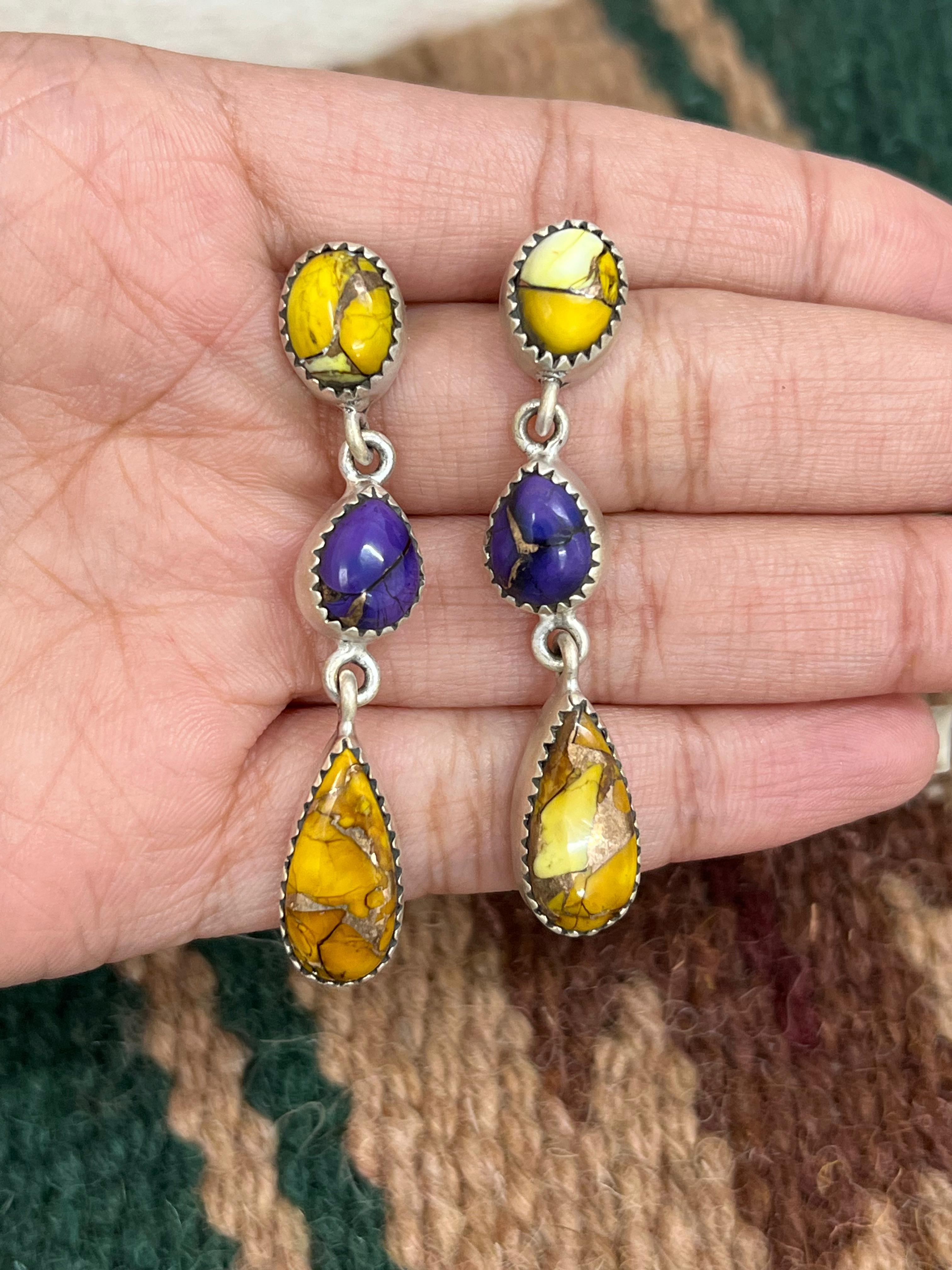 Handmade Sterling Silver Grape Dahlia With Honey Dahlia Post Studs with Signed Nizhoni