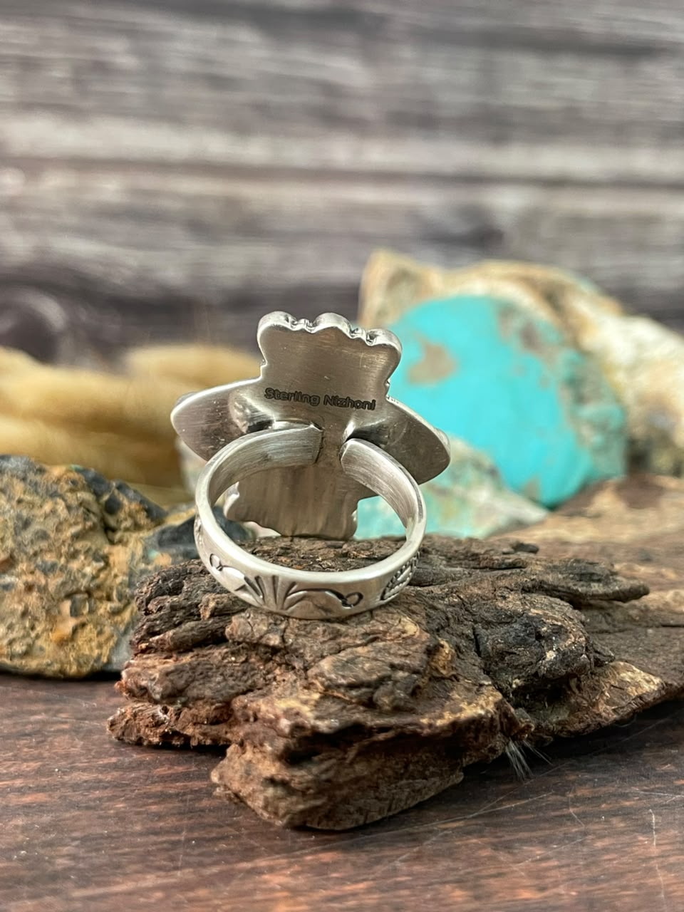 Handmade Sterling Silver Kingman Turquoise NFR Collection: Adjustable Ring Signed Nizhoni