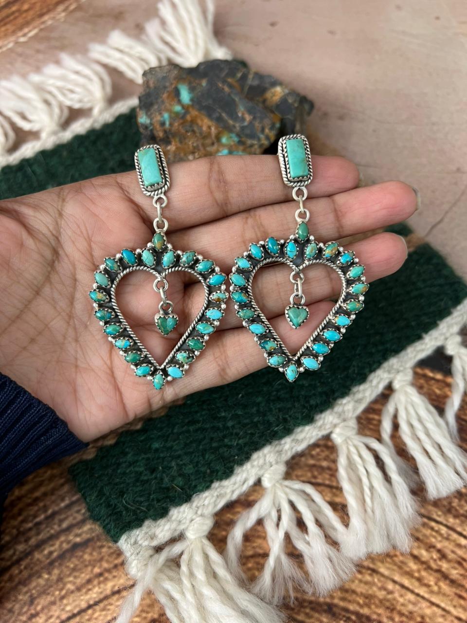 Handmade Sterling Silver Kingman Turquoise Heart Shape Post Dangle Earrings "Signed Nizhoni"