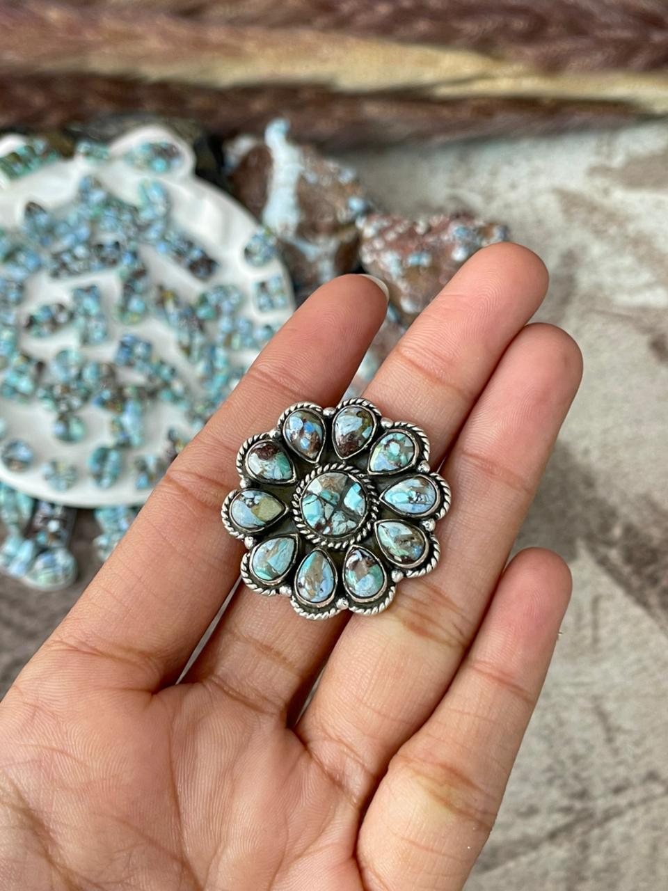 Handmade Sterling Silver 'Golden Hills Turquoise Cobble Collection' Adjustable Ring "Signed Nizhoni"