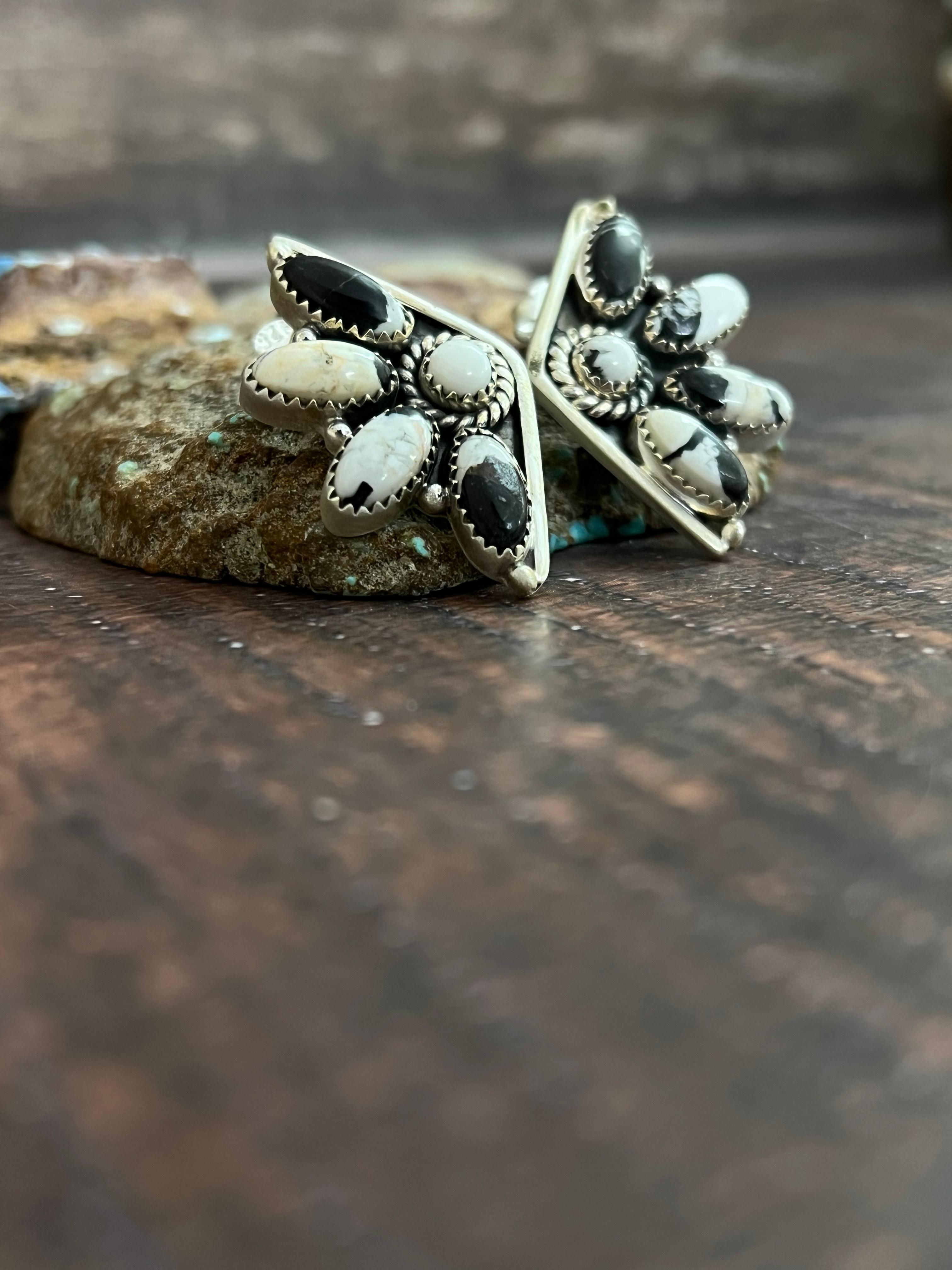 Handmade Sterling Silver White Buffalo Studs with Signed Nizhoni