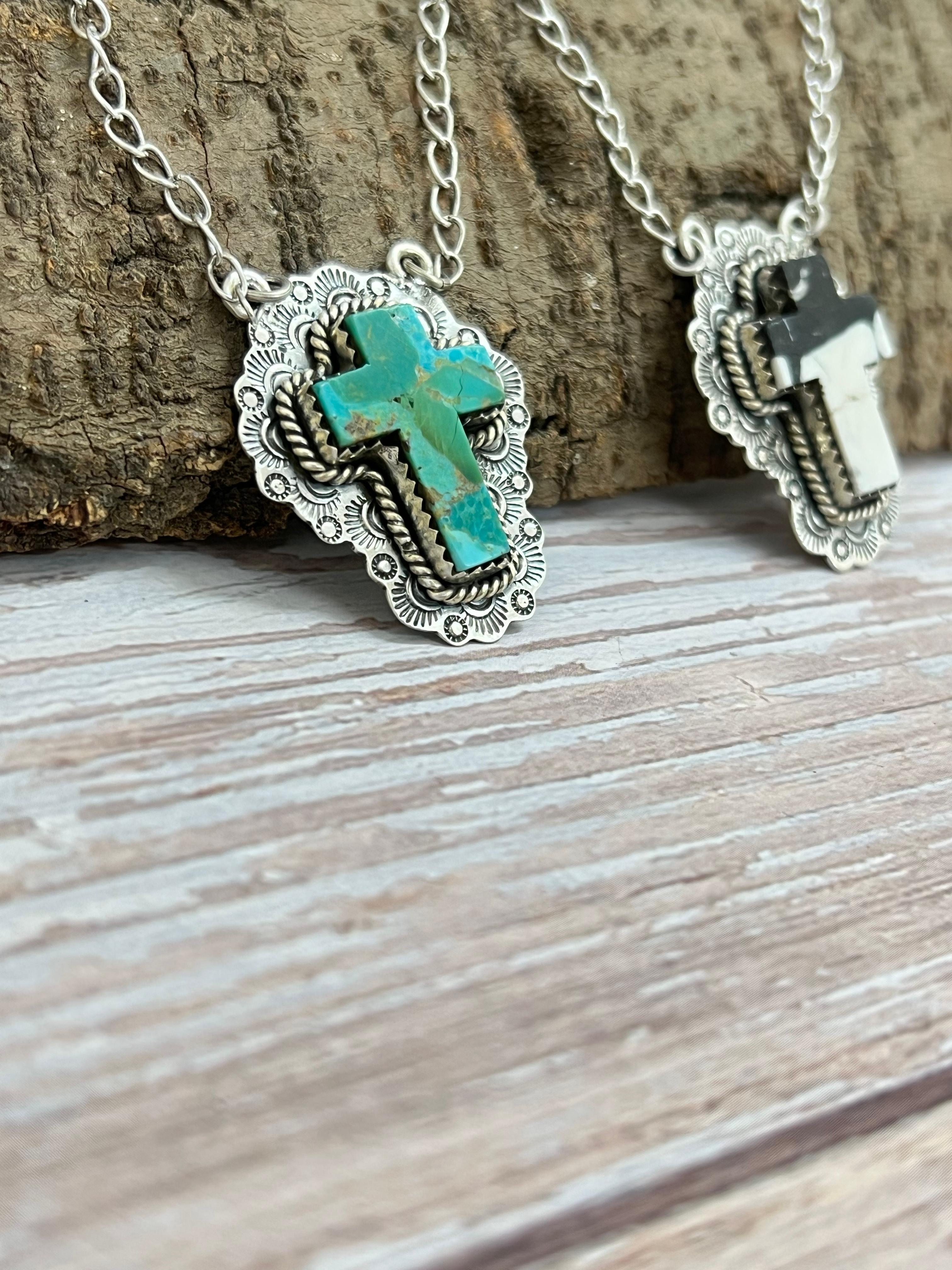 Handmade Sterling Silver White Buffalo, Kingman Turquoise Cross Necklace Signed Nizhoni (1)