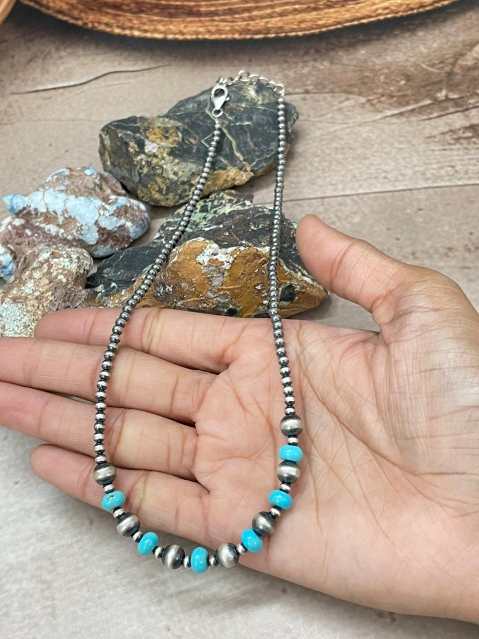 Handmade Sterling Silver Kingman Turquoise Beaded Necklace "Signed Nizhoni" (6)