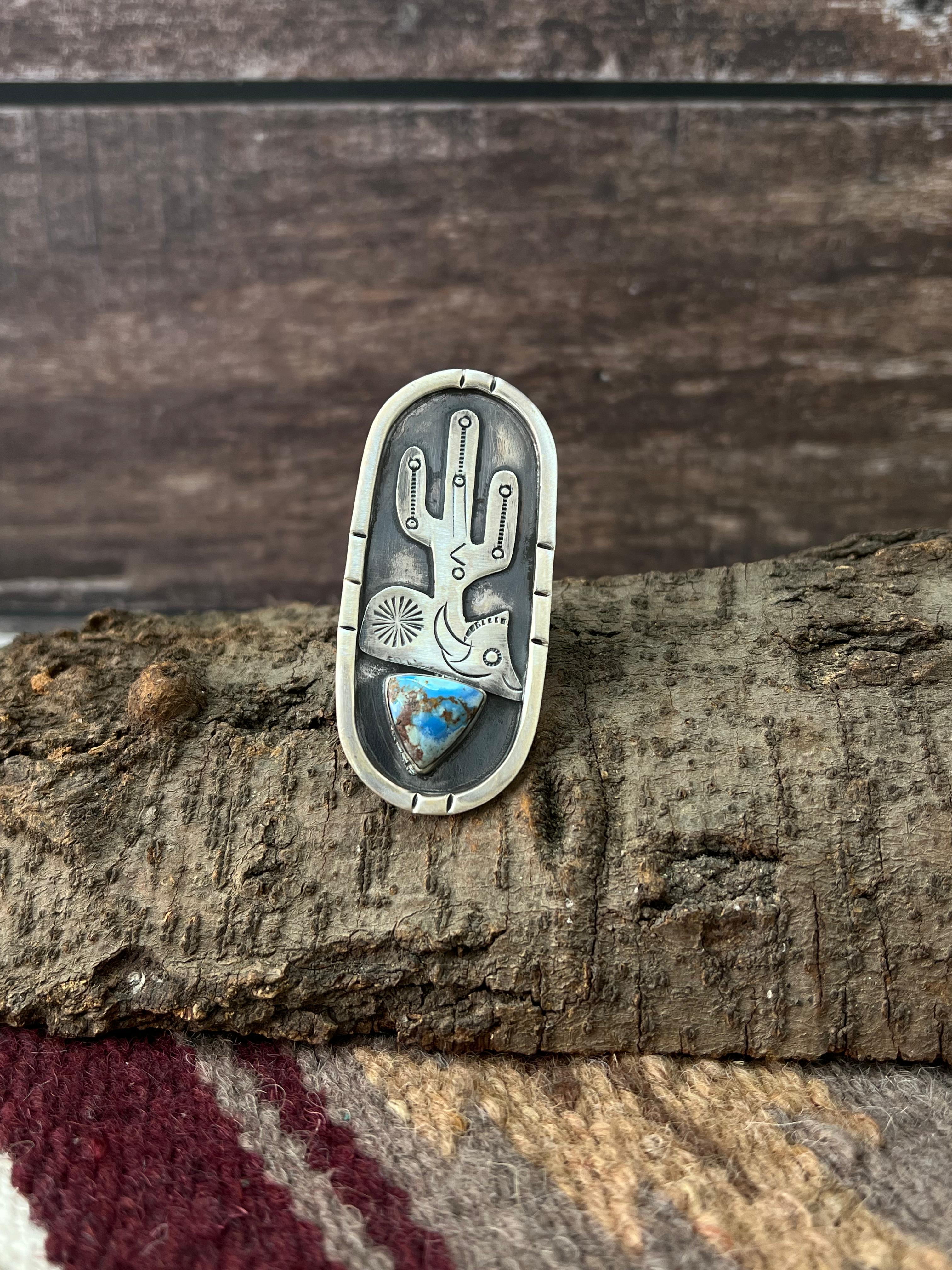 Handmade Sterling Silver with Golden Hills Turquoise Adjustable Ring with Signed Nizhoni