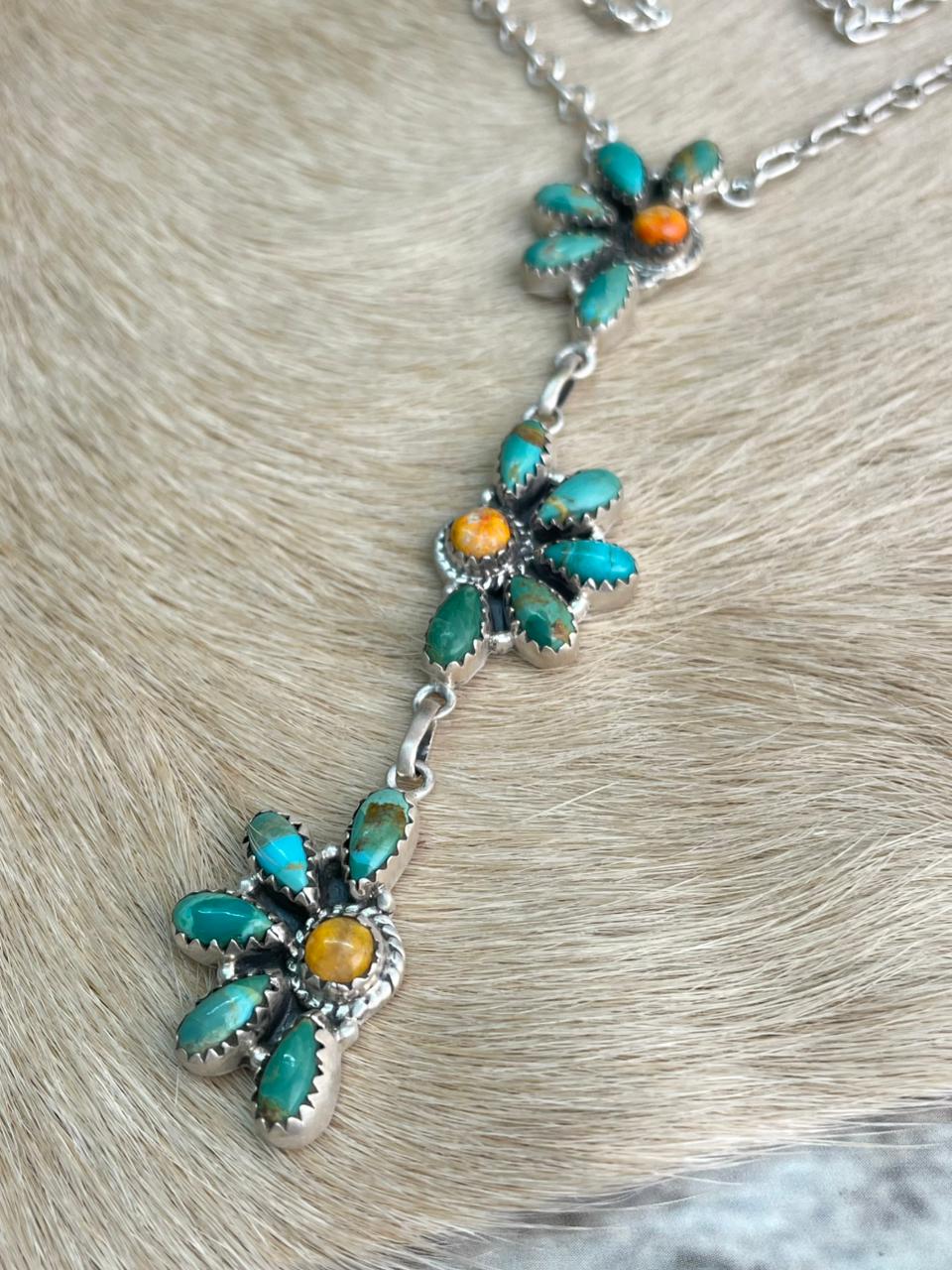 Handmade Sterling Silver Kingman Turquoise with Orange Mojave Necklace "Signed Nizhoni"