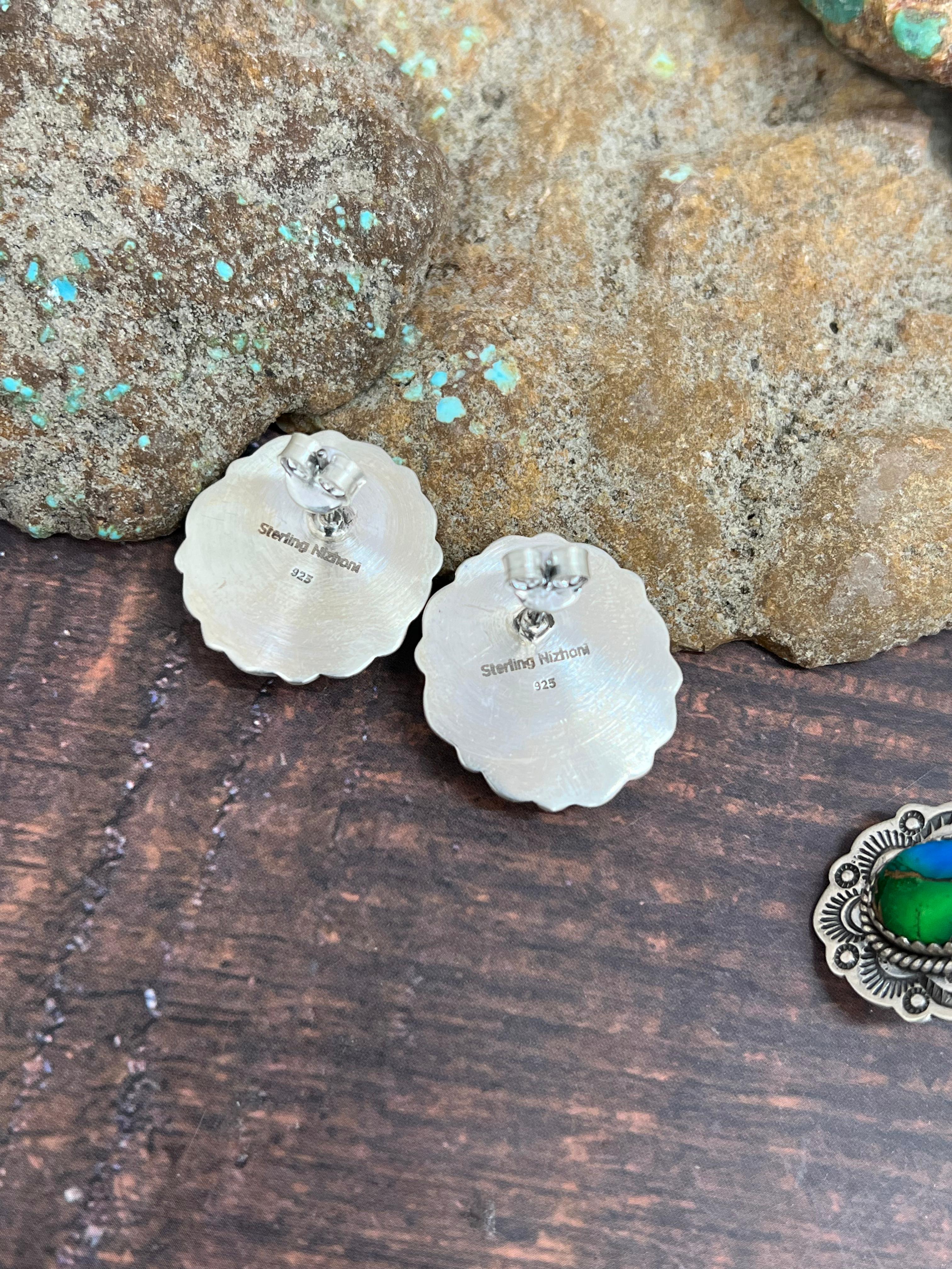 Handmade Sterling Silver Peacock Dahlia Post Earrings with Signed Nizhoni