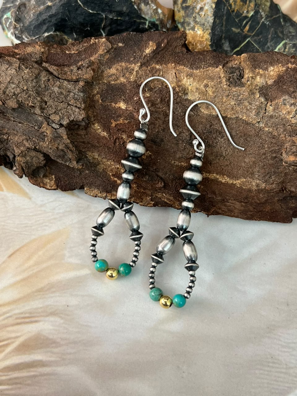 Handmade Sterling Silver Kingman Turquoise Hook Dangle Beaded Earrings