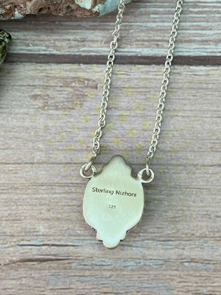 Handmade Sterling Silver White Water Turquoise Necklace with Signed Nizhoni