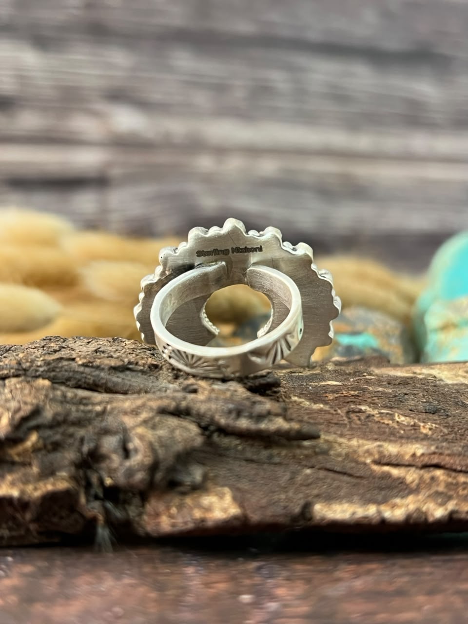 Handmade Sterling Silver White Buffalo with Kingman Turquoise Naja Adjustable Ring Signed Nizhoni