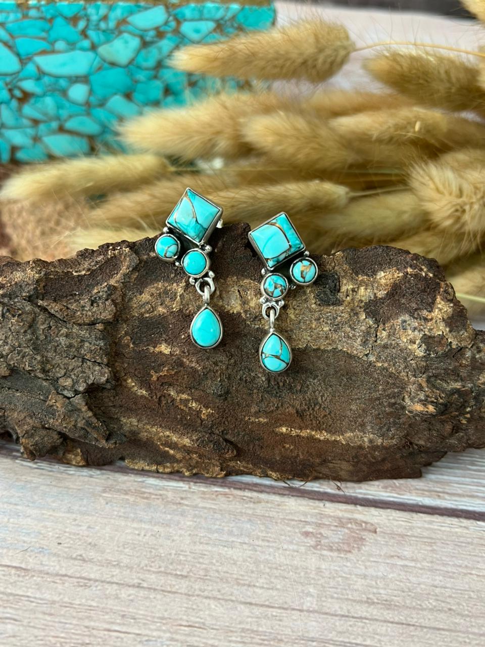 Handmade Sterling Silver Mint Dahlia Collection: Post Dangle Earrings "Signed Nizhoni"