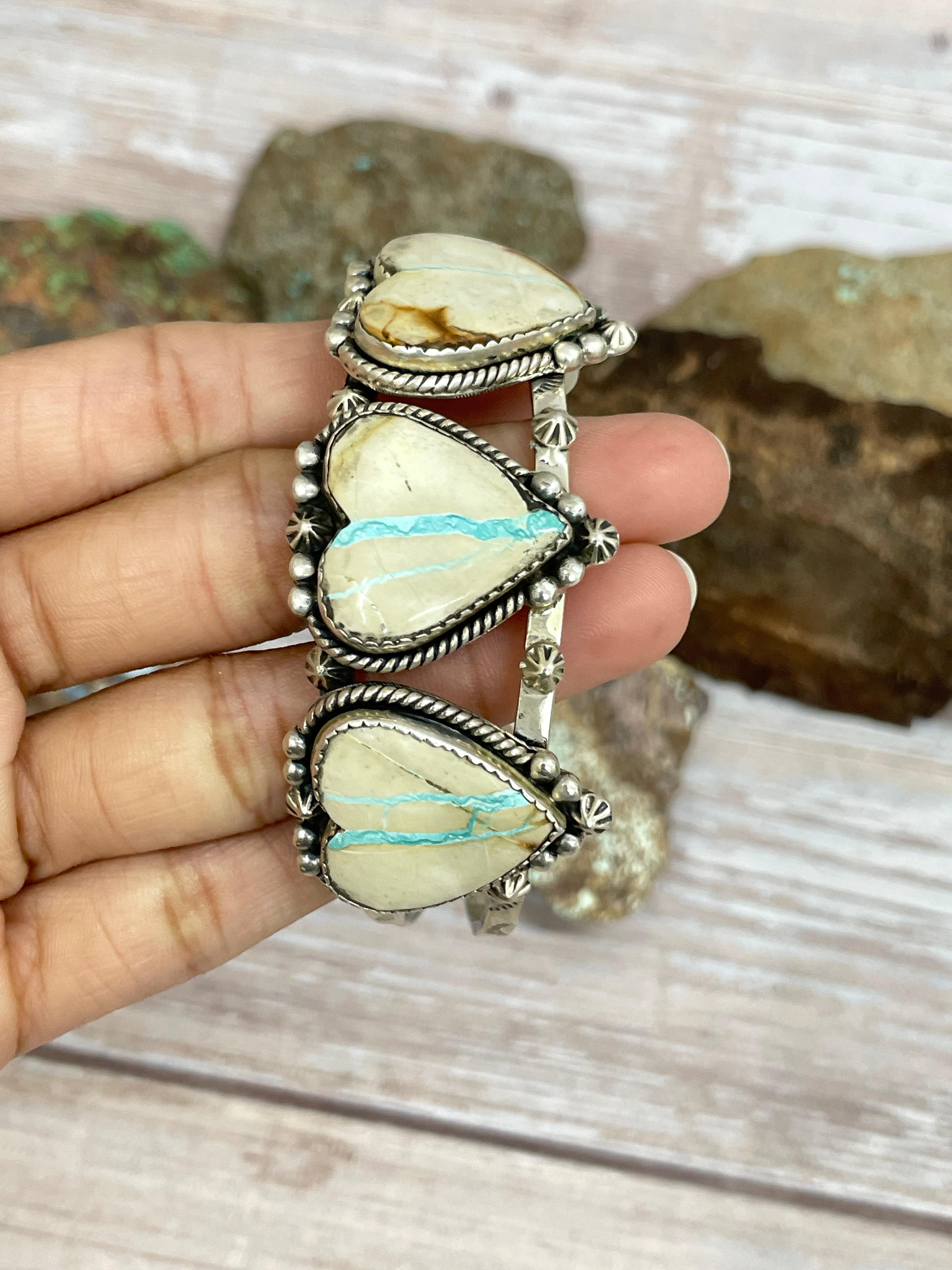 Handmade Sterling Silver Ribbon Royston Heart Cuff Bracelet with Signed Nizhoni