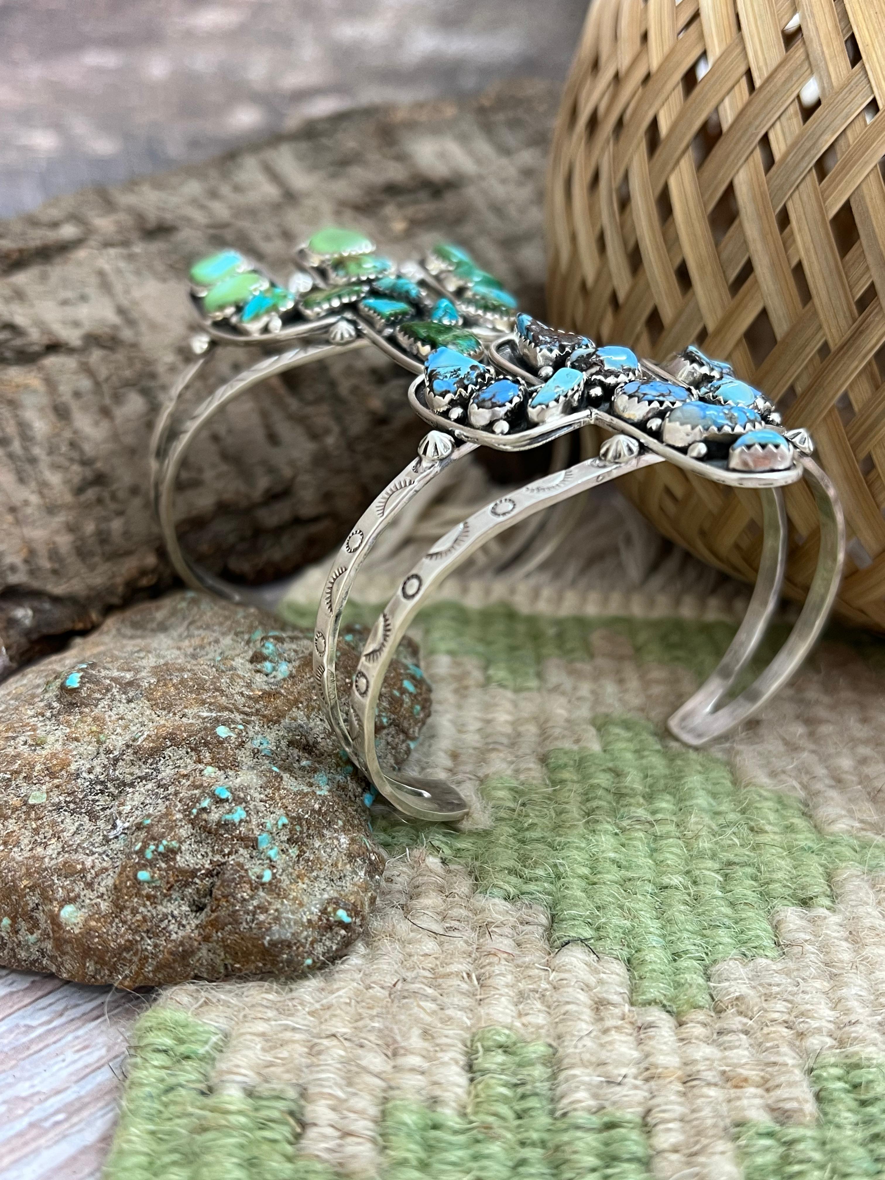 Handmade Sterling Silver Golden Hill, Sonoran Mountain Turquoise Cactus Bracelet with Signed Nizhoni /