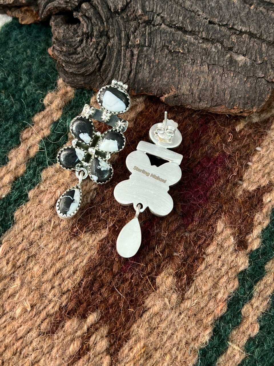 Handmade Sterling Silver White Buffalo Post Dangle Earrings Signed Nizhoni