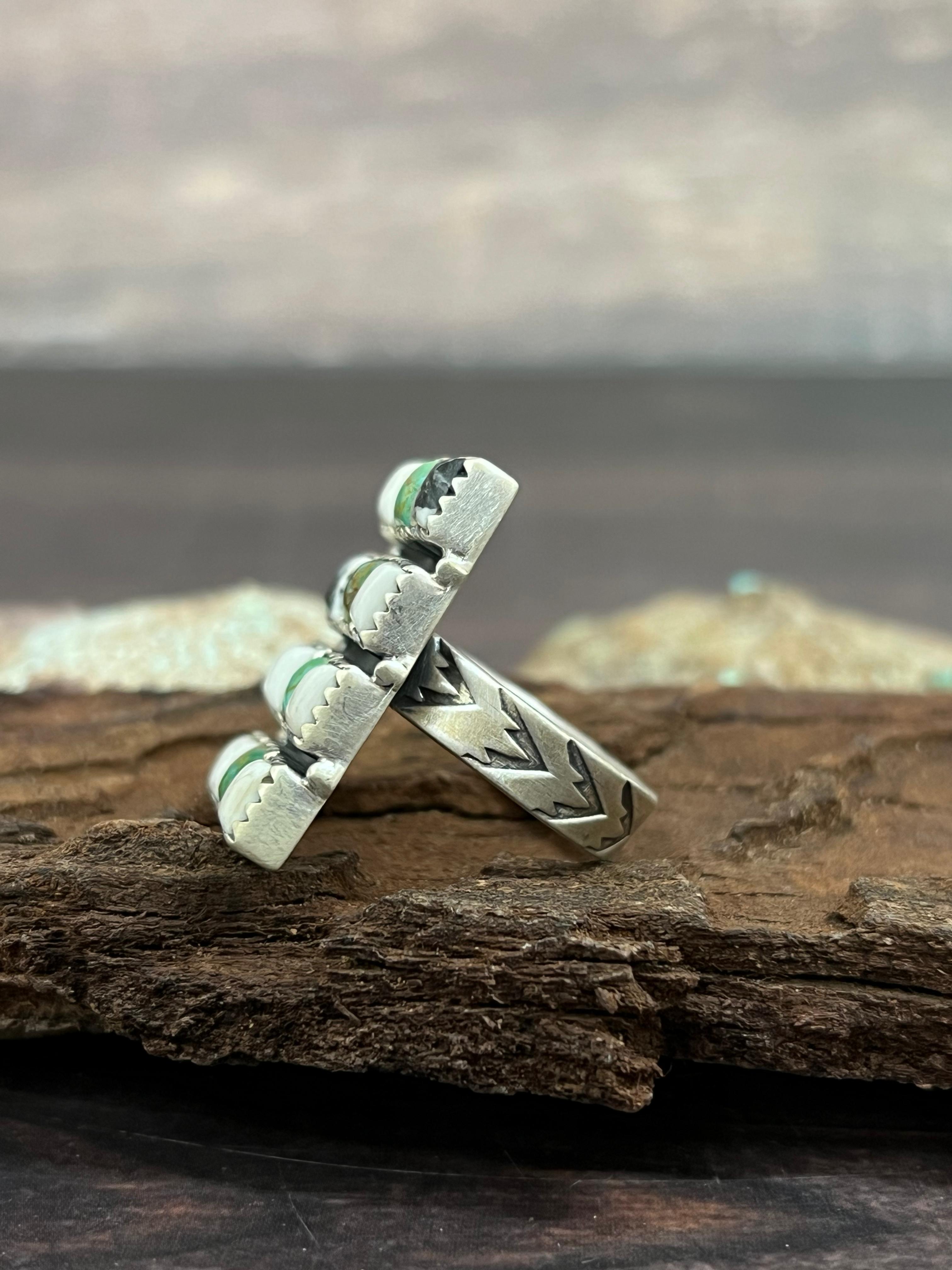 Handmade Sterling Silver Kingman with White Buffalo Turquoise Adjustable Ring with Signed Nizhoni