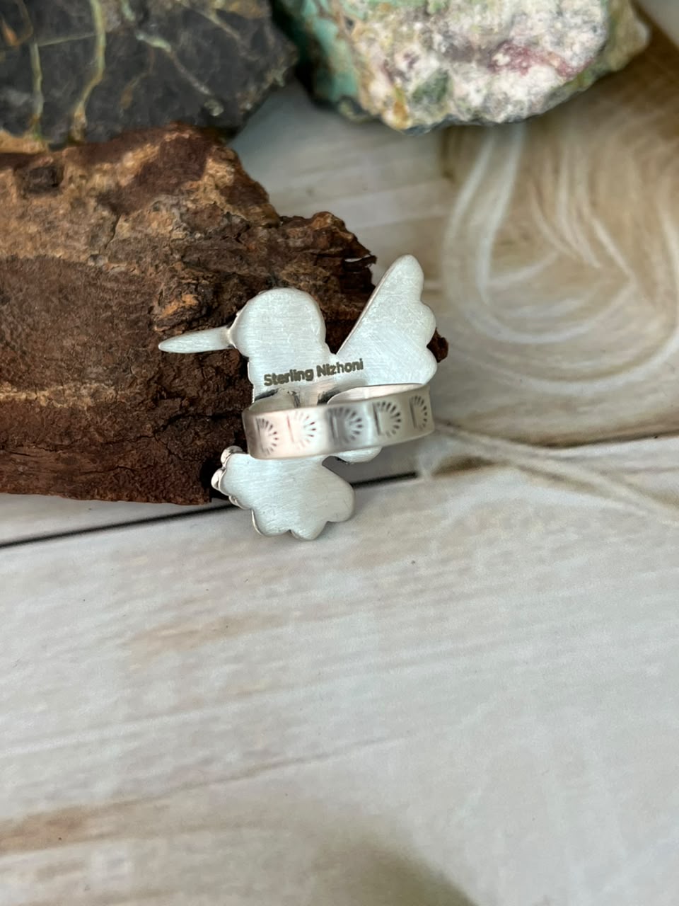 Handmade Sterling Silver Kingman Turquoise Hummingbird Adjustable Ring Signed Nizhoni