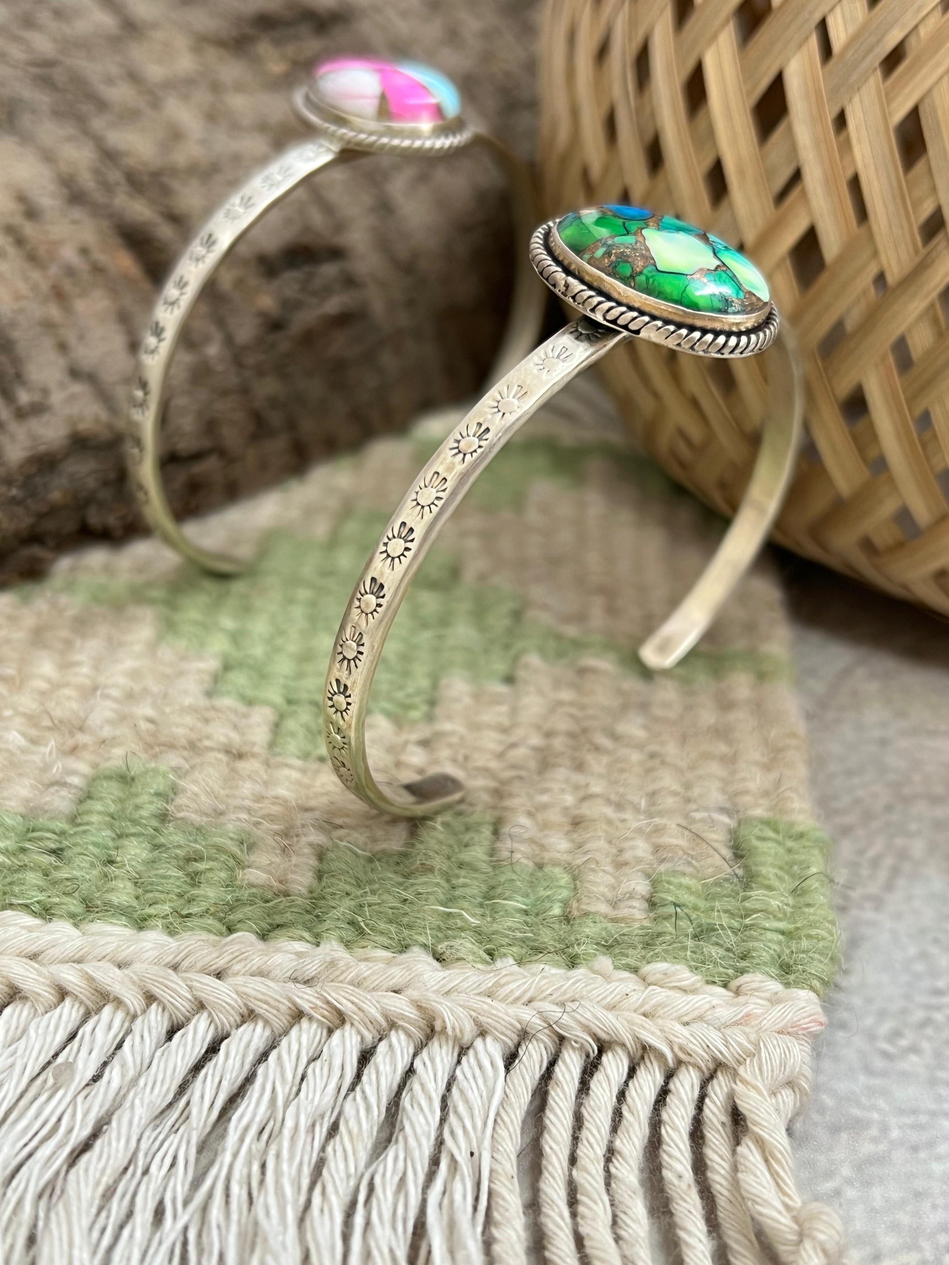 Handmade Sterling Silver Peacock Dahlia, Cotton Candy Cuff Bracelet with Signed Nizhoni