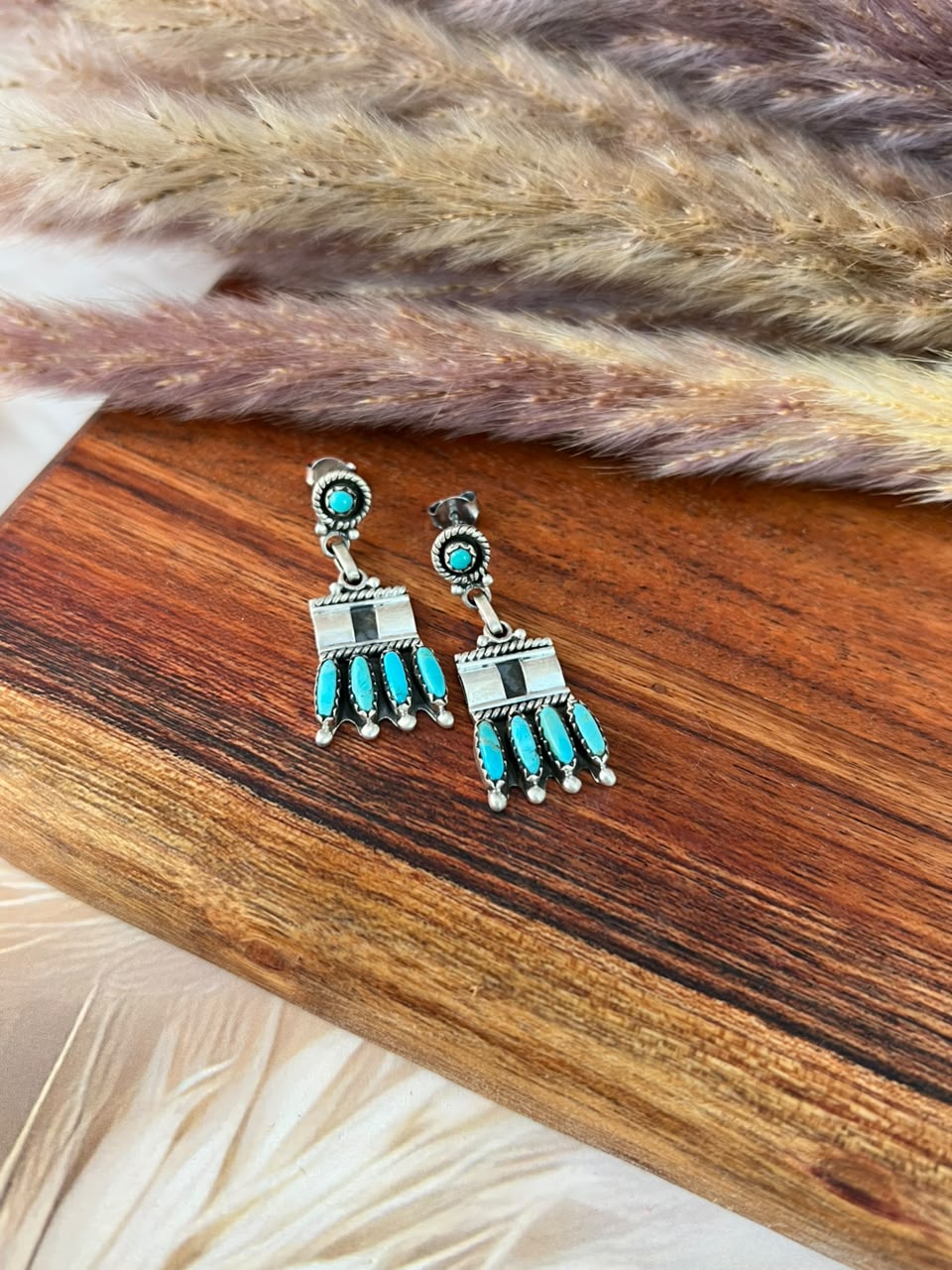Handmade Sterling Silver Kingman Turquoise Post Dangle Earrings Signed Nizhoni