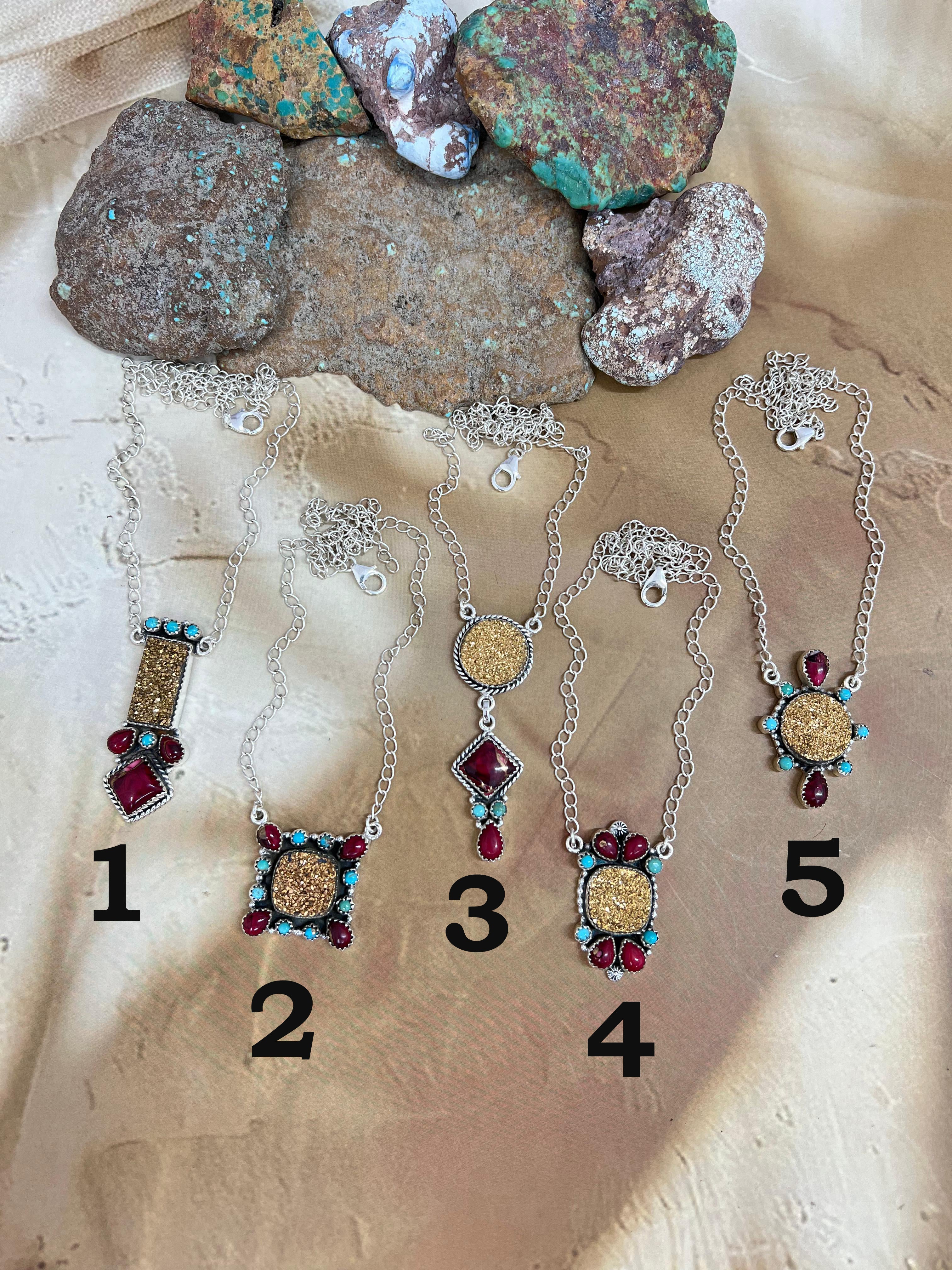 Handmade Sterling Silver Dahlia Rose with Druzy & Kingman Necklace, Signed Nizhoni