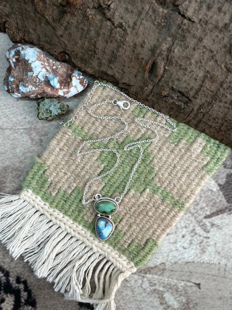 Handmade Sterling Silver Golden Hills Turquoise with Sonoran Mountain Turquoise Necklace "Signed Nizhoni"