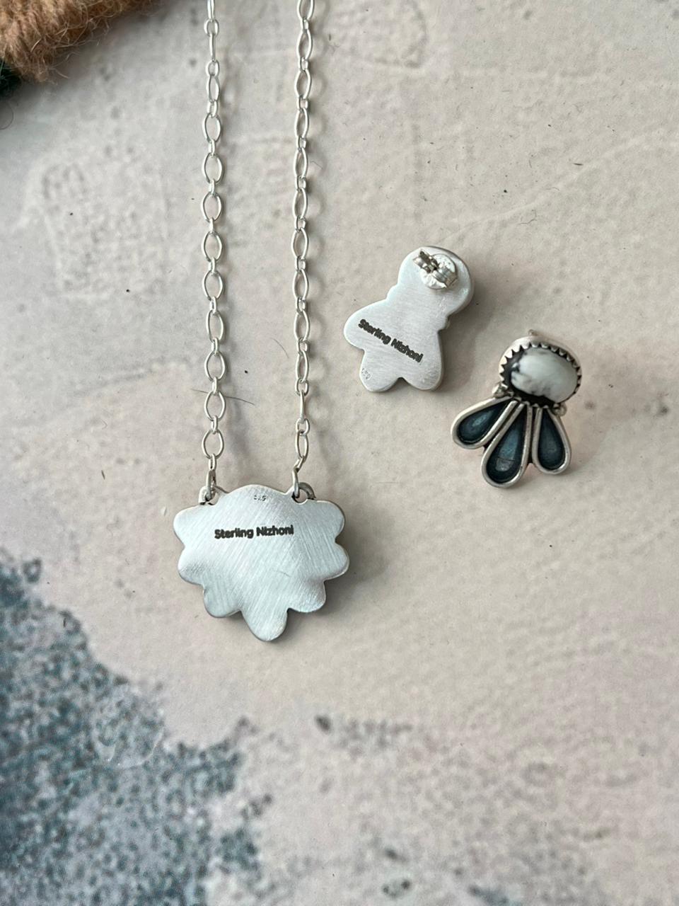 Handmade Sterling Silver White Buffalo Necklace and Earrings Set Signed Nizhoni (8)