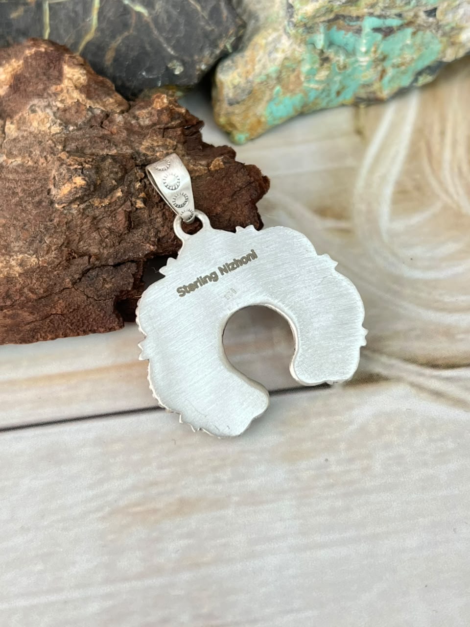 Handmade Sterling Silver Cotton Candy with Orange Mojave, White Buffalo and Kingman Turquoise Naja Pendant Signed Nizhoni