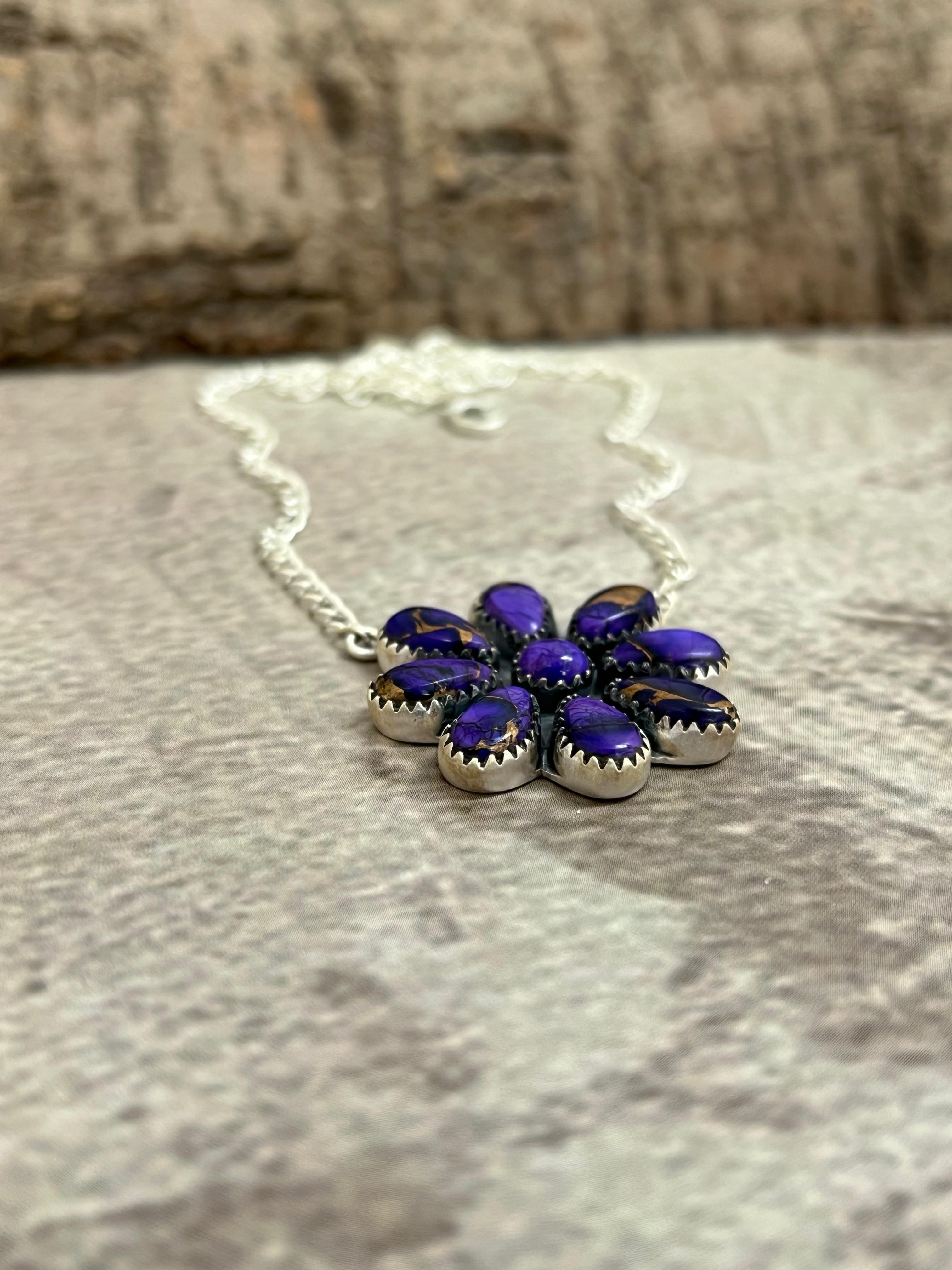 Handmade Sterling Silver Grape Dahlia Flower Necklace with Signed Nizhoni