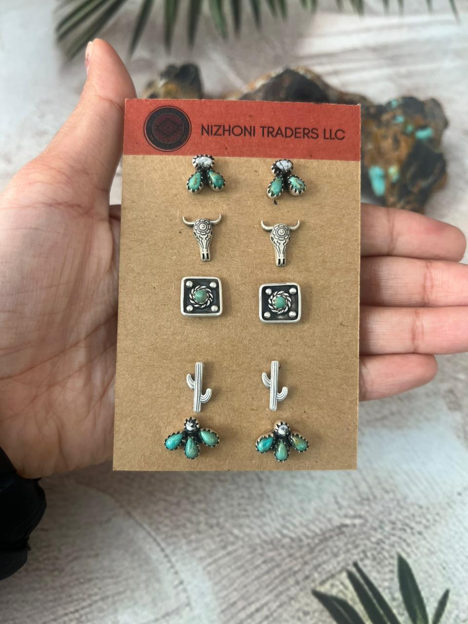 Handmade Sterling Silver Kingman With White Buffalo Post Studs Earrings Set