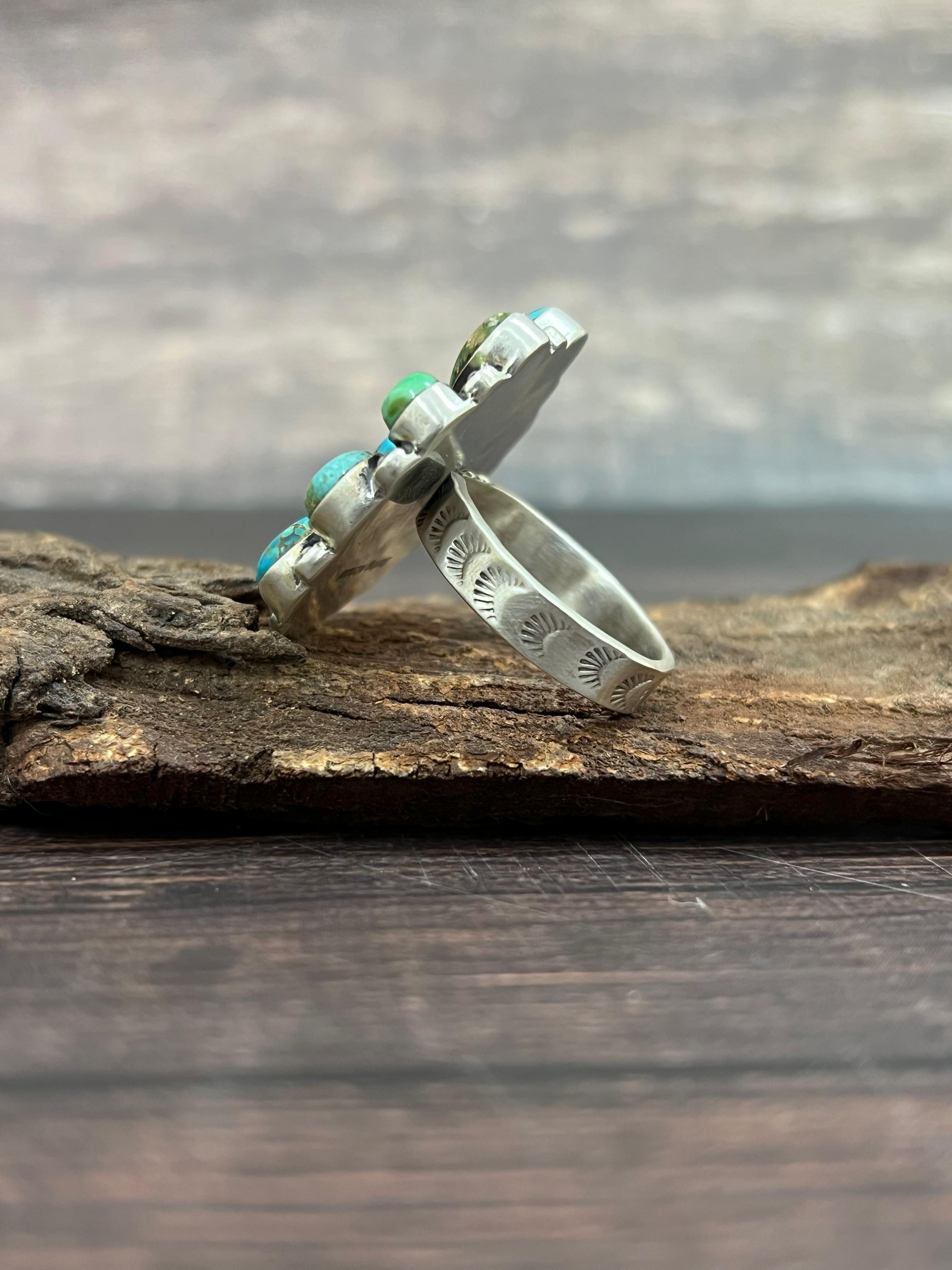 Handmade Sterling Silver South Hill Turquoise Adjustable Ring with Signed Nizhoni