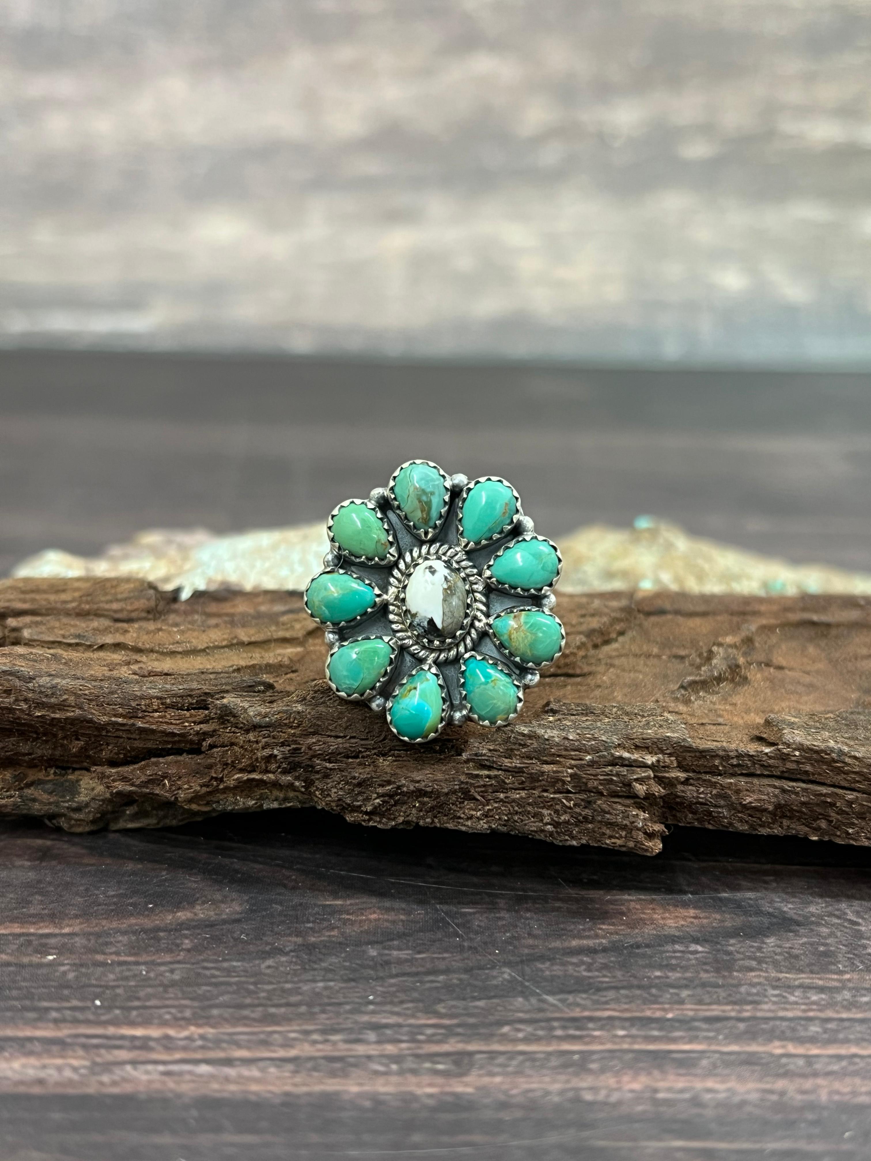 Handmade Sterling Silver Kingman with White Buffalo Turquoise Adjustable Ring with Signed Nizhoni