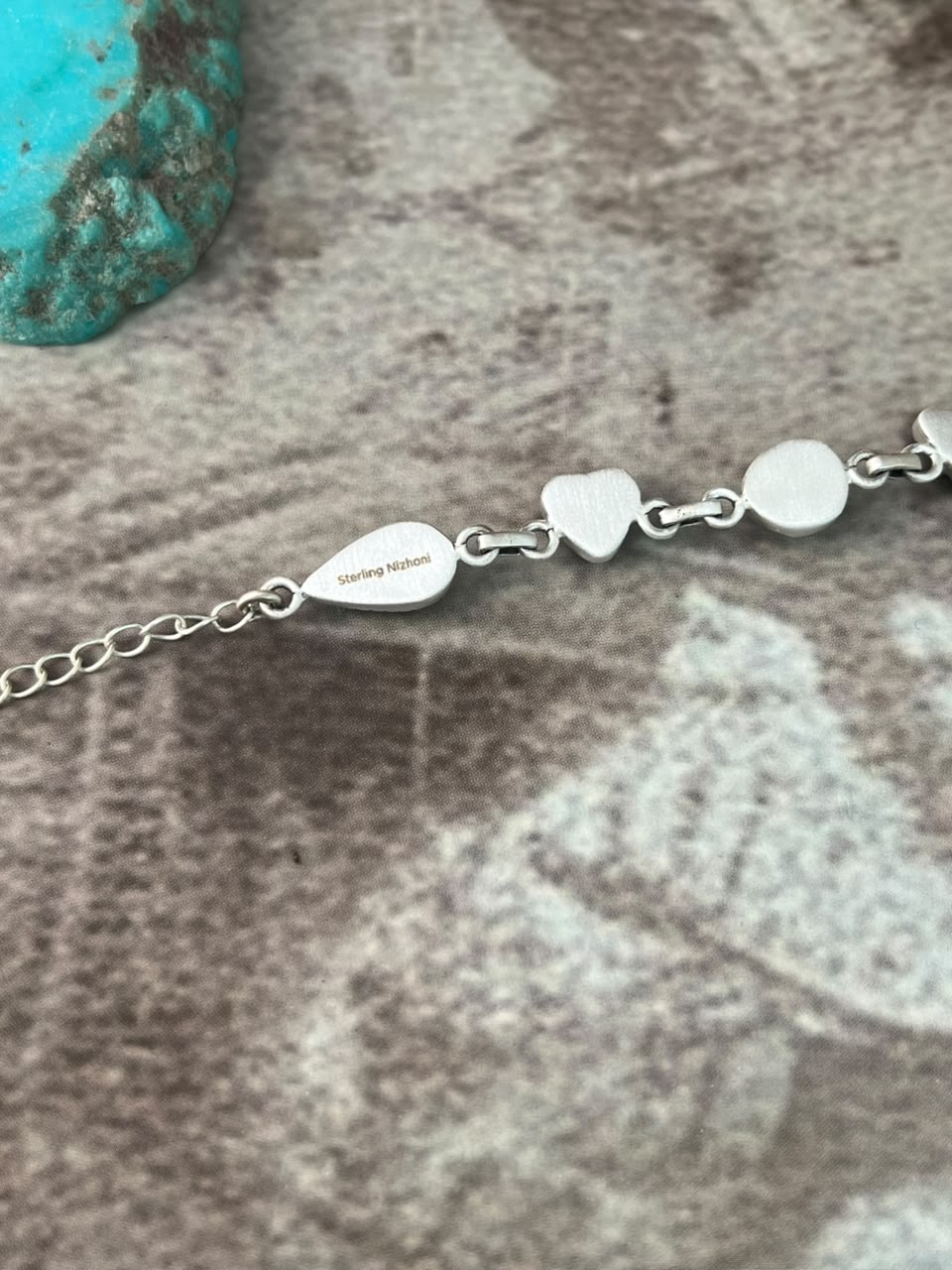 Handmade Sterling Silver Pilot Mountain Turquoise Chain Bracelet Signed Nizhoni