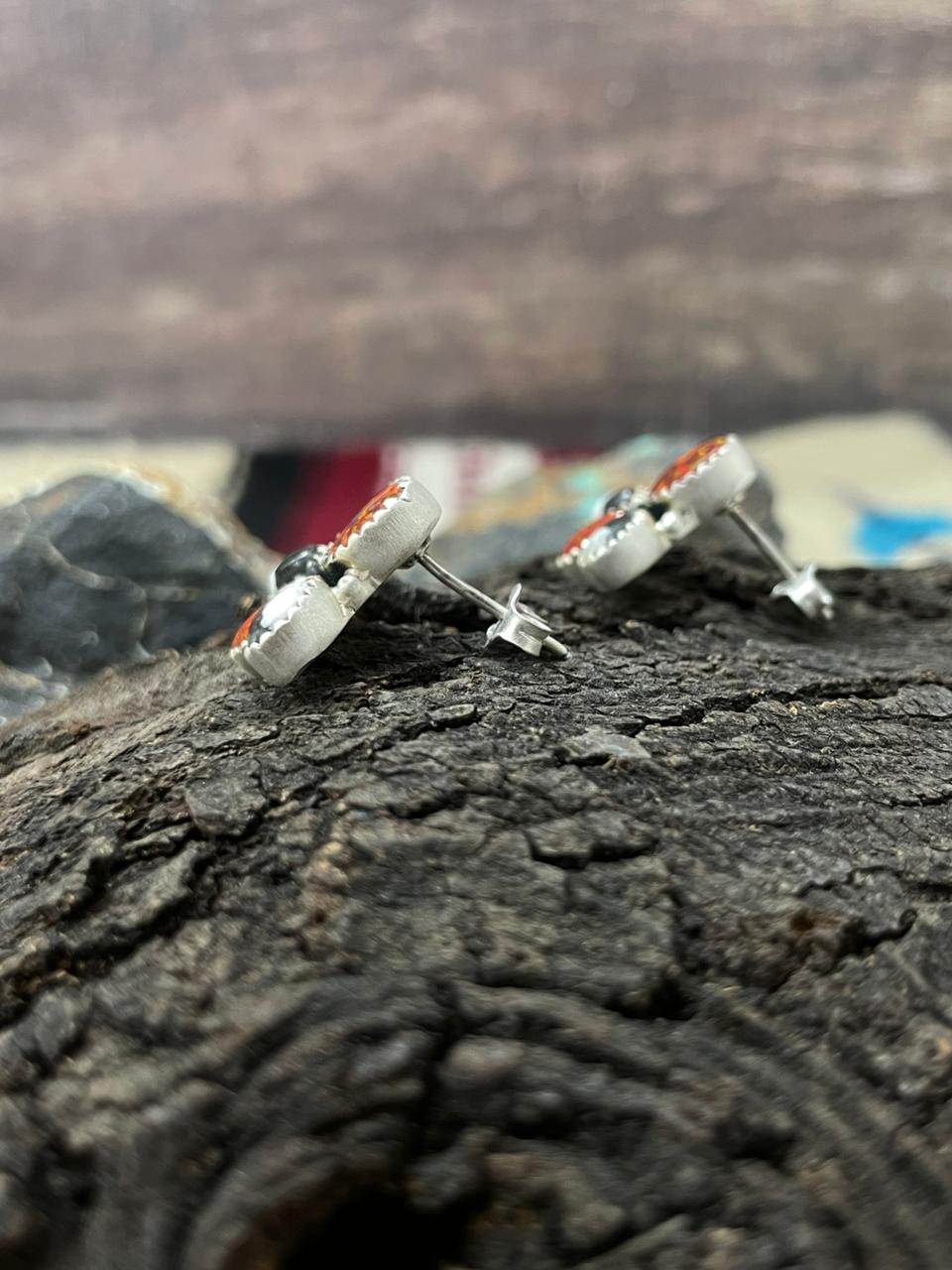 "Christmas Collection" Handmade Sterling Silver White Buffalo with Red Opal Studs Earrings "Signed Nizhoni"