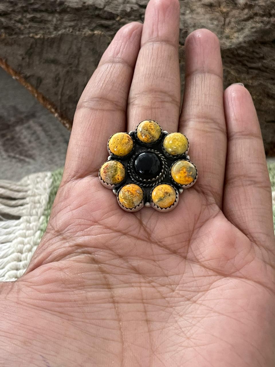 "Halloween Collection" Handmade Sterling Silver Black Onyx, Bumblebee Adjustable Ring with Signed Nizhoni