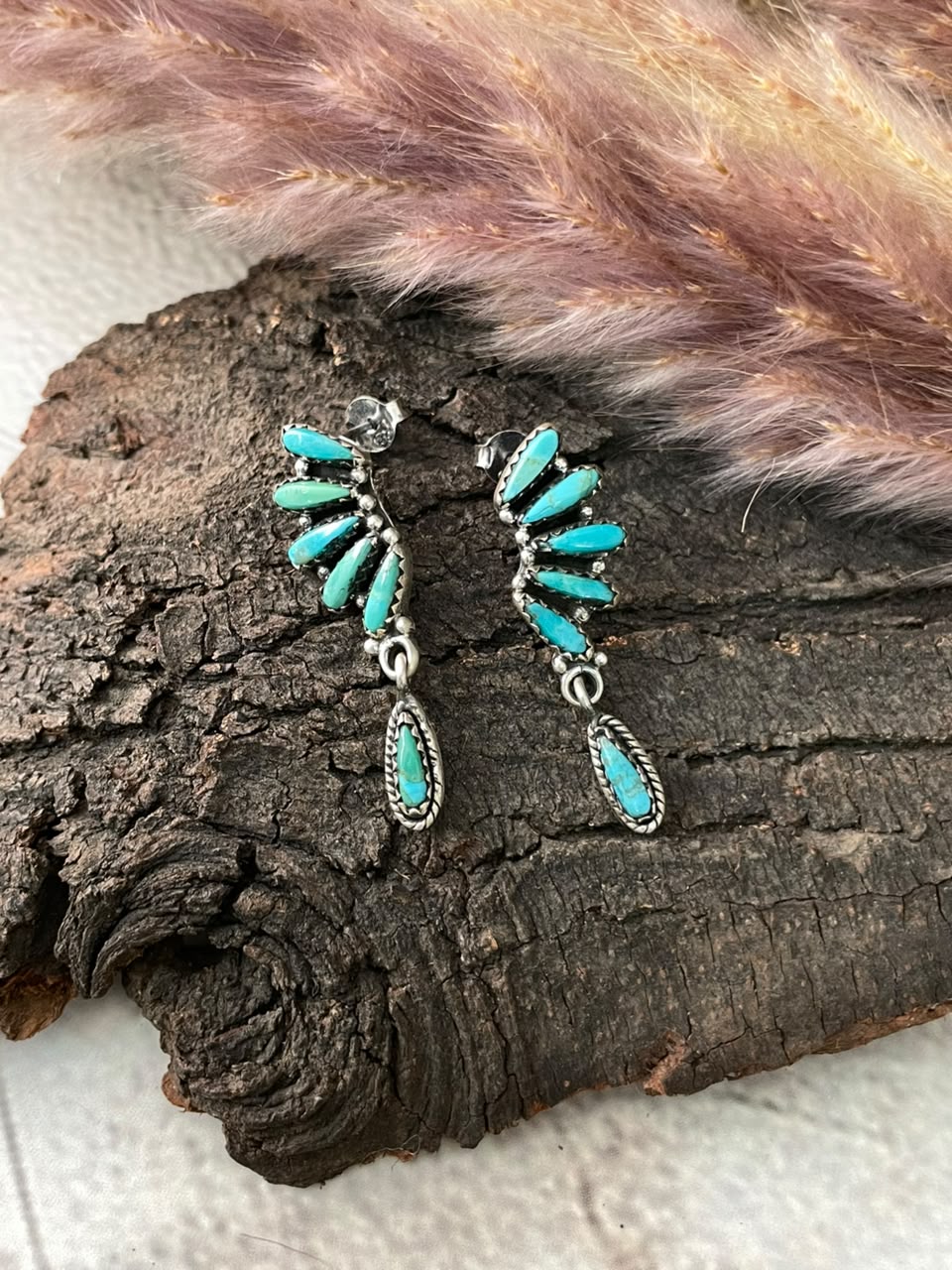 Handmade Sterling Silver Kingman Turquoise Post Dangle Earrings Signed Nizhoni