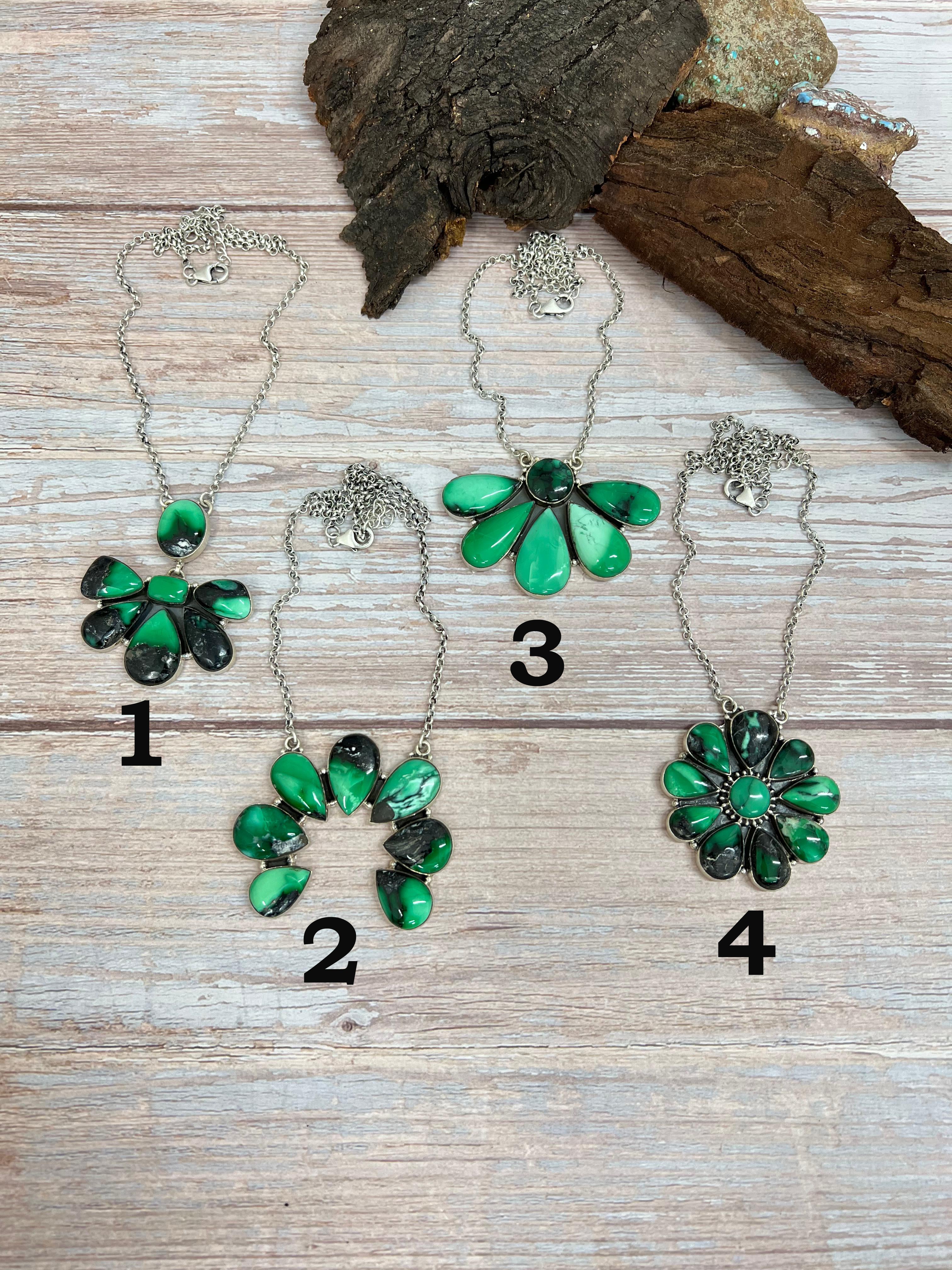 Handmade Sterling Silver Emerald Rose Necklace with Signed Nizhoni