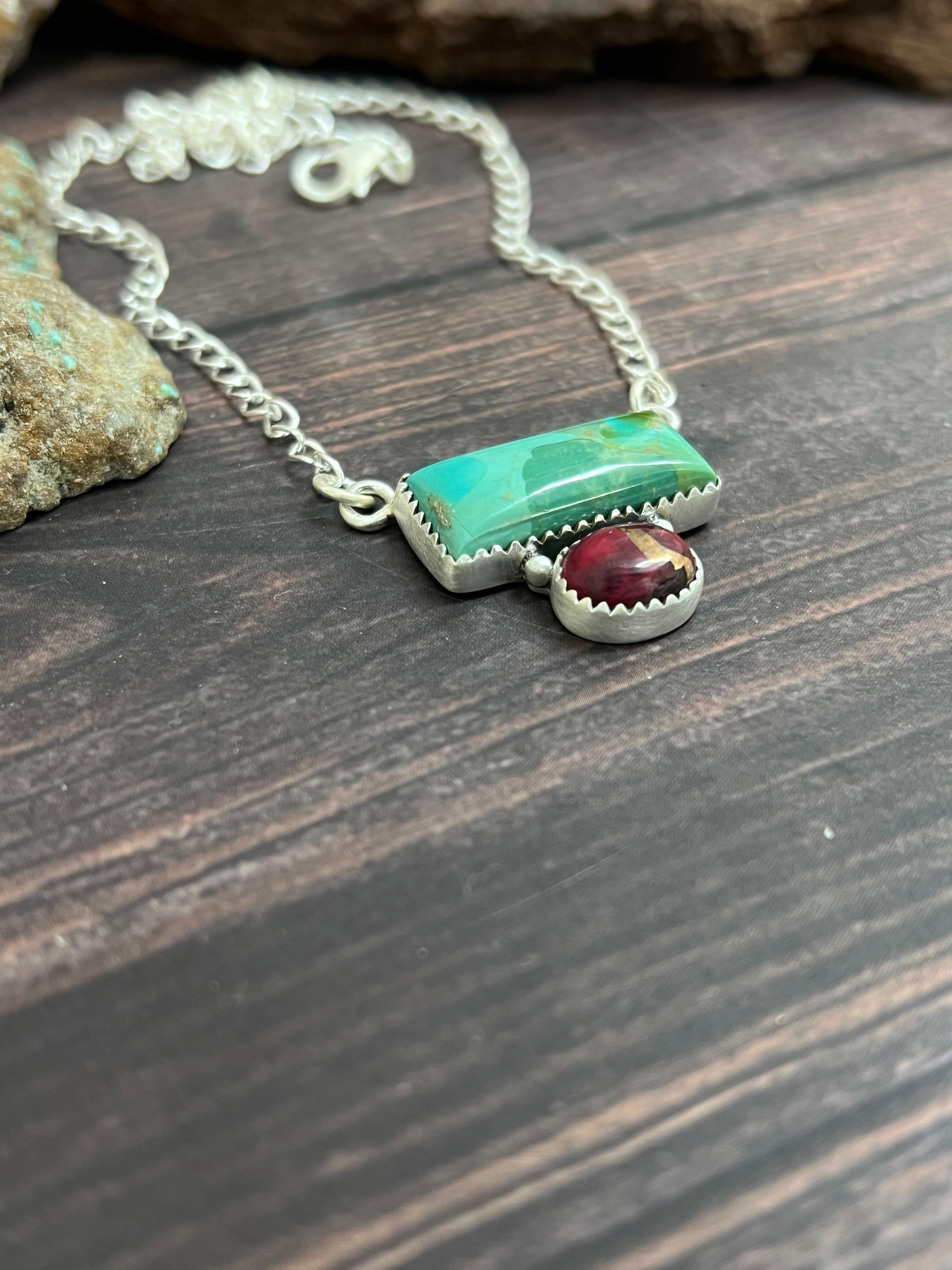 Handmade Sterling Silver Kingman with Dahlia Rose Necklace with Signed Nizhoni