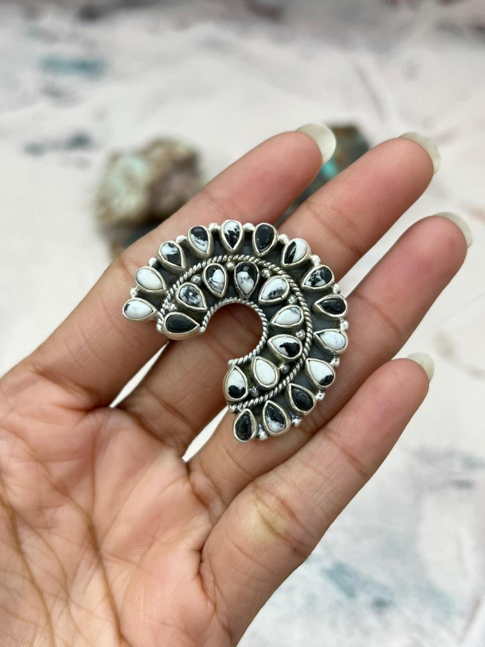 Handmade Sterling Silver White Buffalo Turquoise Naja Adjustable Ring "Signed Nizhoni"