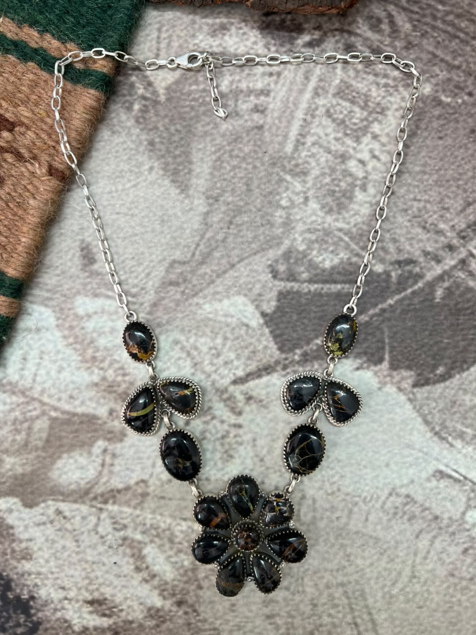 Handmade Sterling Silver Blackjack Turquoise Necklace Signed Nizhoni