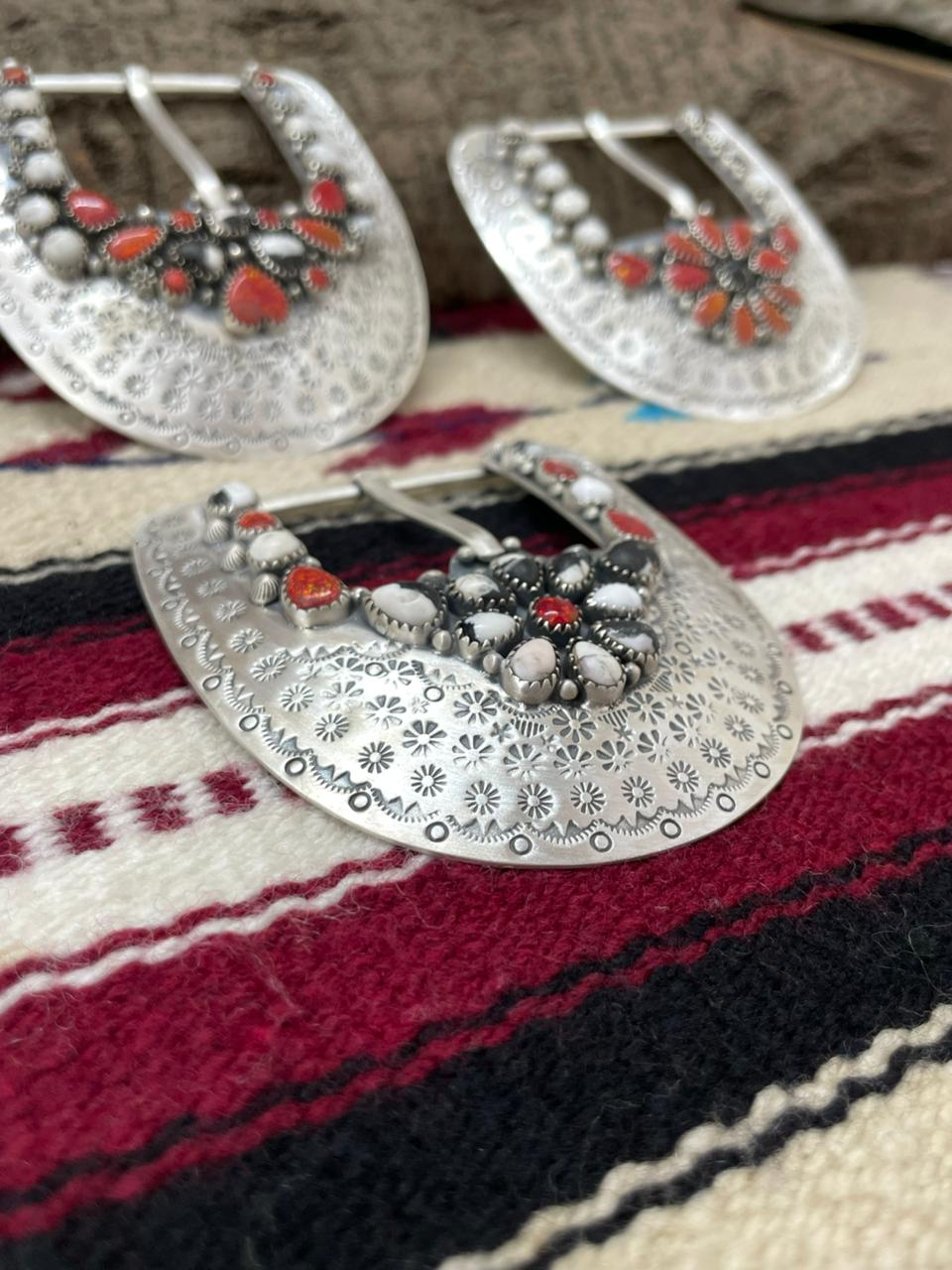 Handmade Sterling Silver Belt Buckle White Buffalo with Red Opal "Signed Nizhoni"