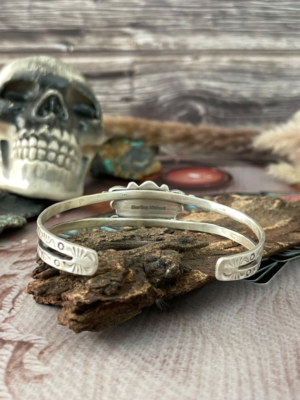 Handmade Sterling Silver Grape Dahlia with Black Onyx Halloween Collection: Cuff Bracelet Signed Nizhoni