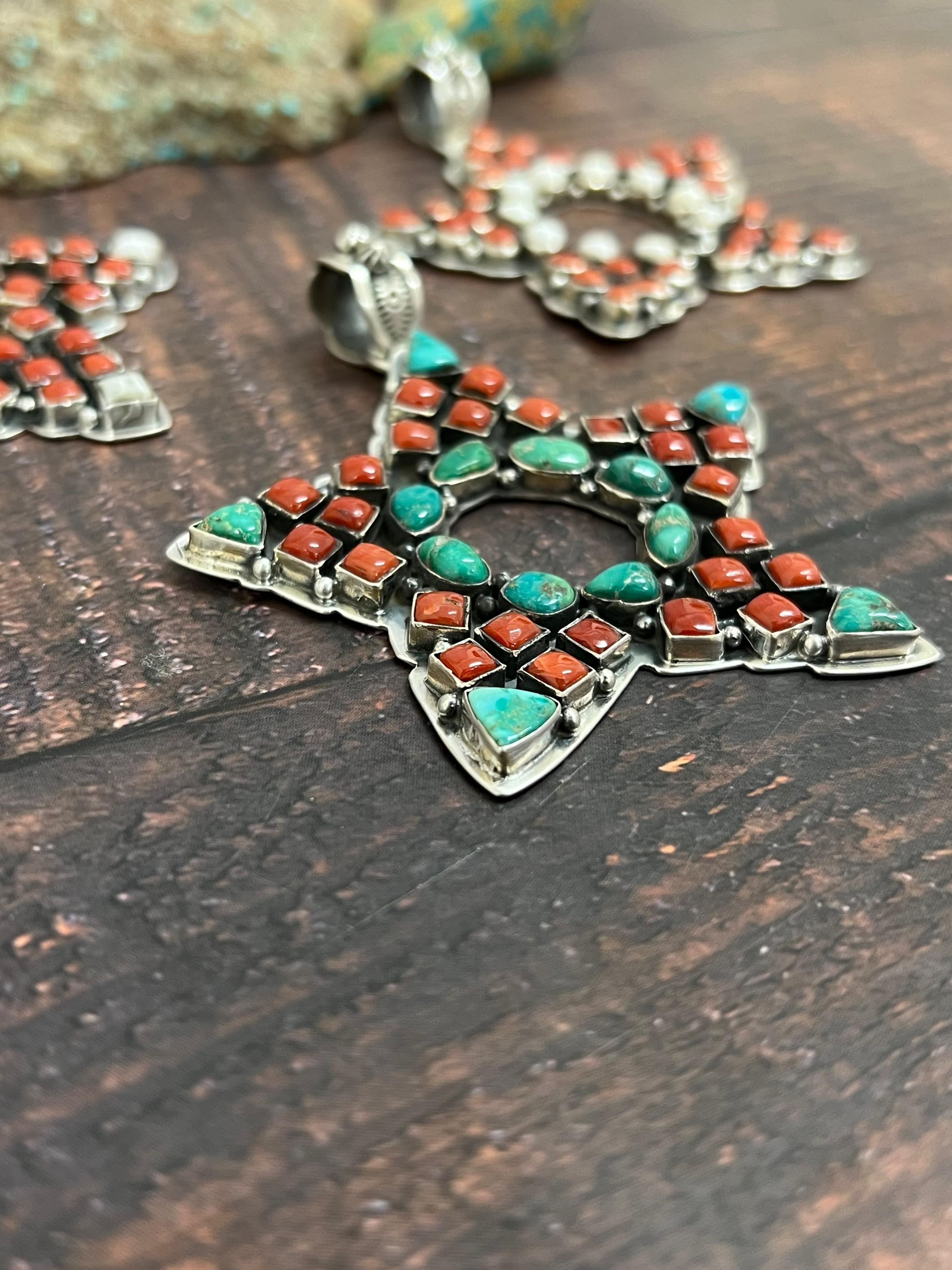 Handmade Sterling Silver Coral with White Buffalo and Emerald Valley Star Pendant, Signed Nizhoni